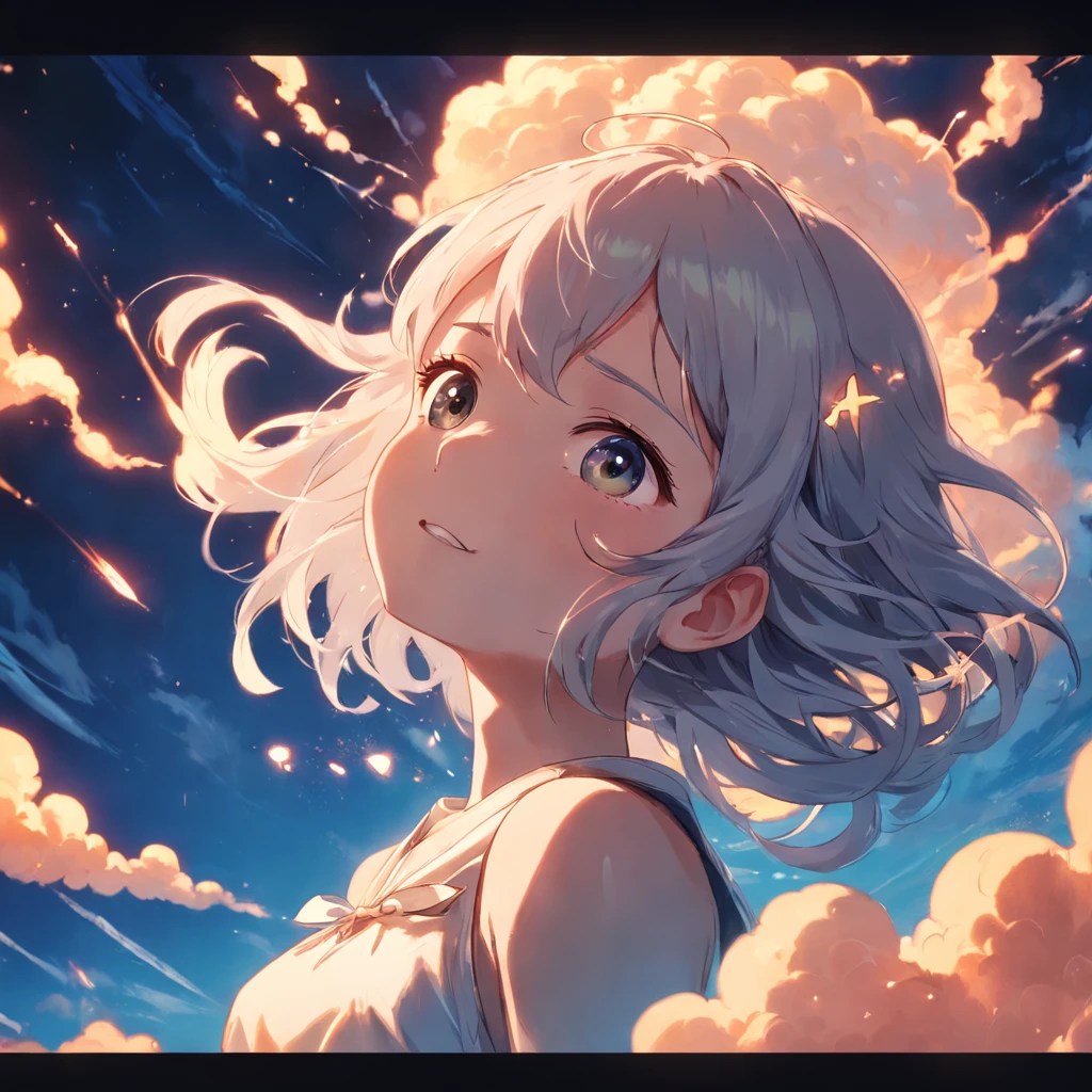 masterpiece, best quality, movie still, 1girl, cloud girl, floating in the sky, close-up, bright, happy, warm soft lighting, sunset, (sparks:0.7)