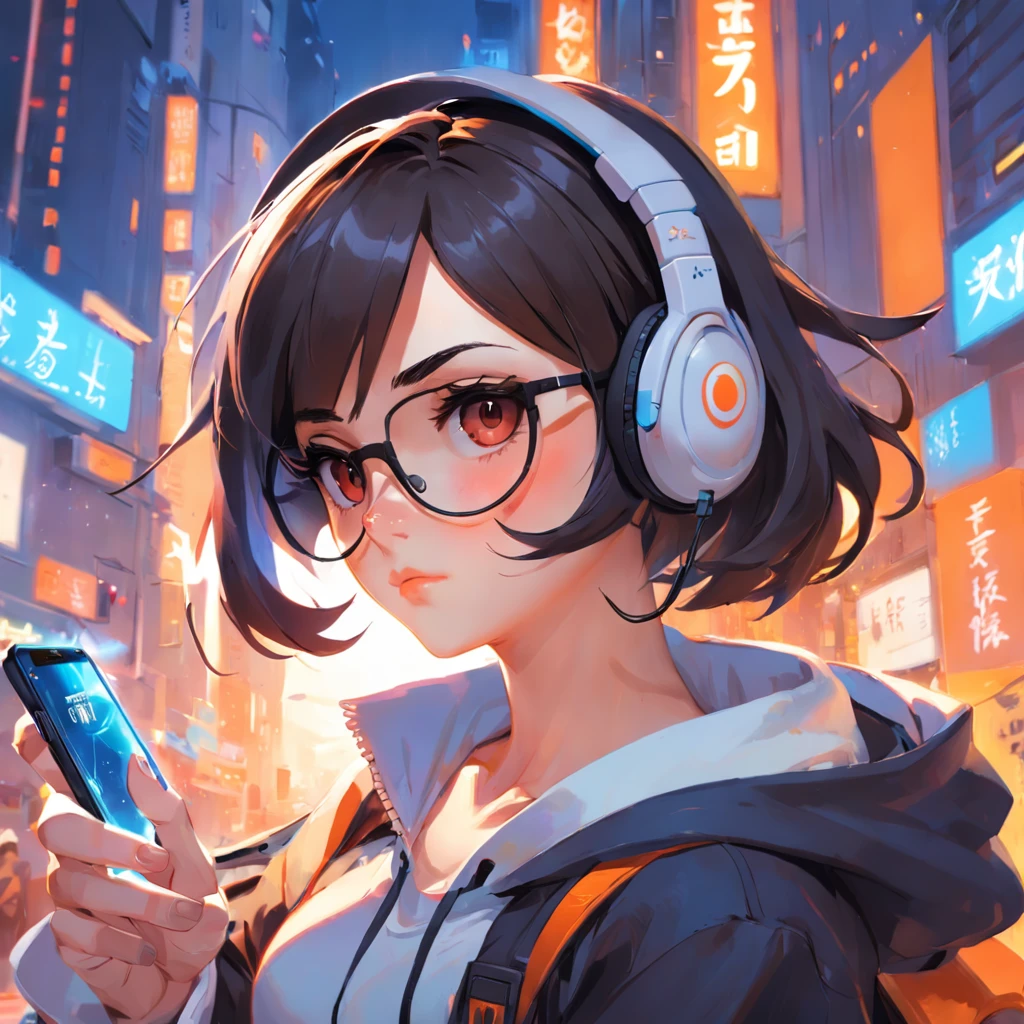 Anime girl with headphones and glasses holding a cell phone, Retrato de Mei de Overwatch, Artgerm e Ilya Kuvshinov, Estilo Ilya Kuvshinov, Ilya Kuvshinov. 4 mil, Ilya Kuvshinov e Artgerm, Artgerm e Atey Ghailan, Artgerm extremamente detalhado, Alice X. Zhang. obra-prima, melhor qualidade, filme ainda, 1girl, garota nuvem, floating into the sky, close-up, brilhante, feliz, Soft lighting and Warm, sun sunset, (Sparks: 0,7)