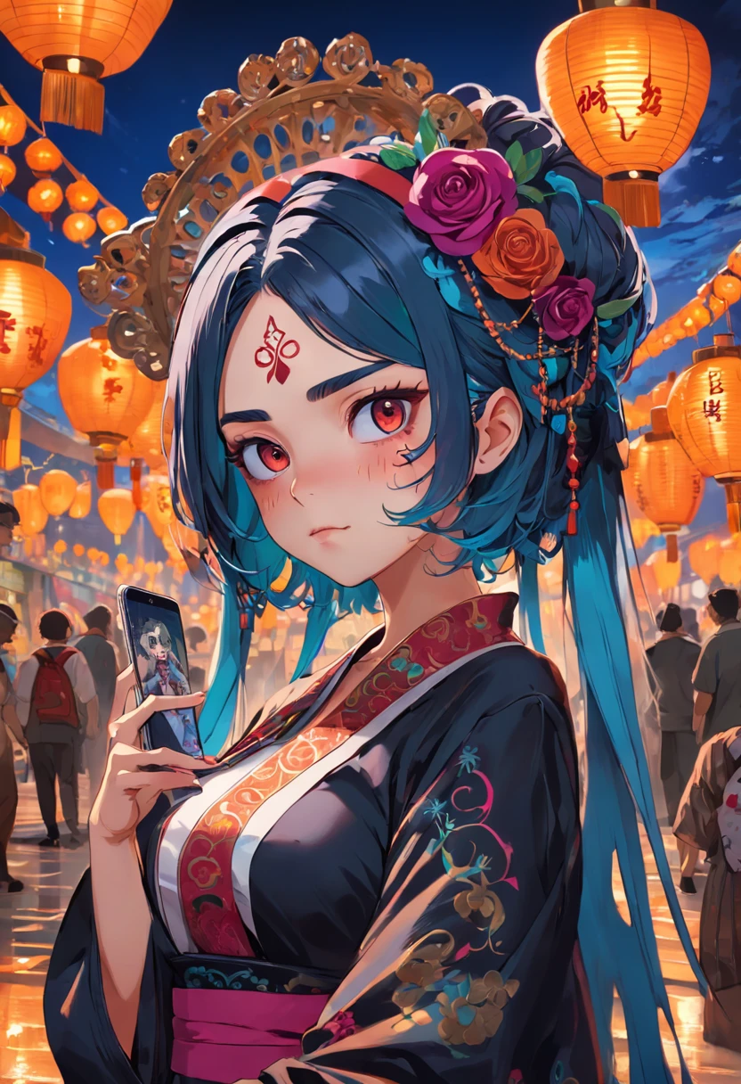 nvinkpunk, (((Mexican catrina)), masterpiece, best quality, ((detailed face)), ((award-winning)), (high detail), crisp, 8k, trending art season, catrina, intricateThere is a woman taking a selfie with a cellphone, Selfie Photography 8k, connected with a suspension bridge!!, 8 mil view fill, Selfie of a woman, catrina,Selfie!!!!! of a woman, she is in her 50s, torii in the background