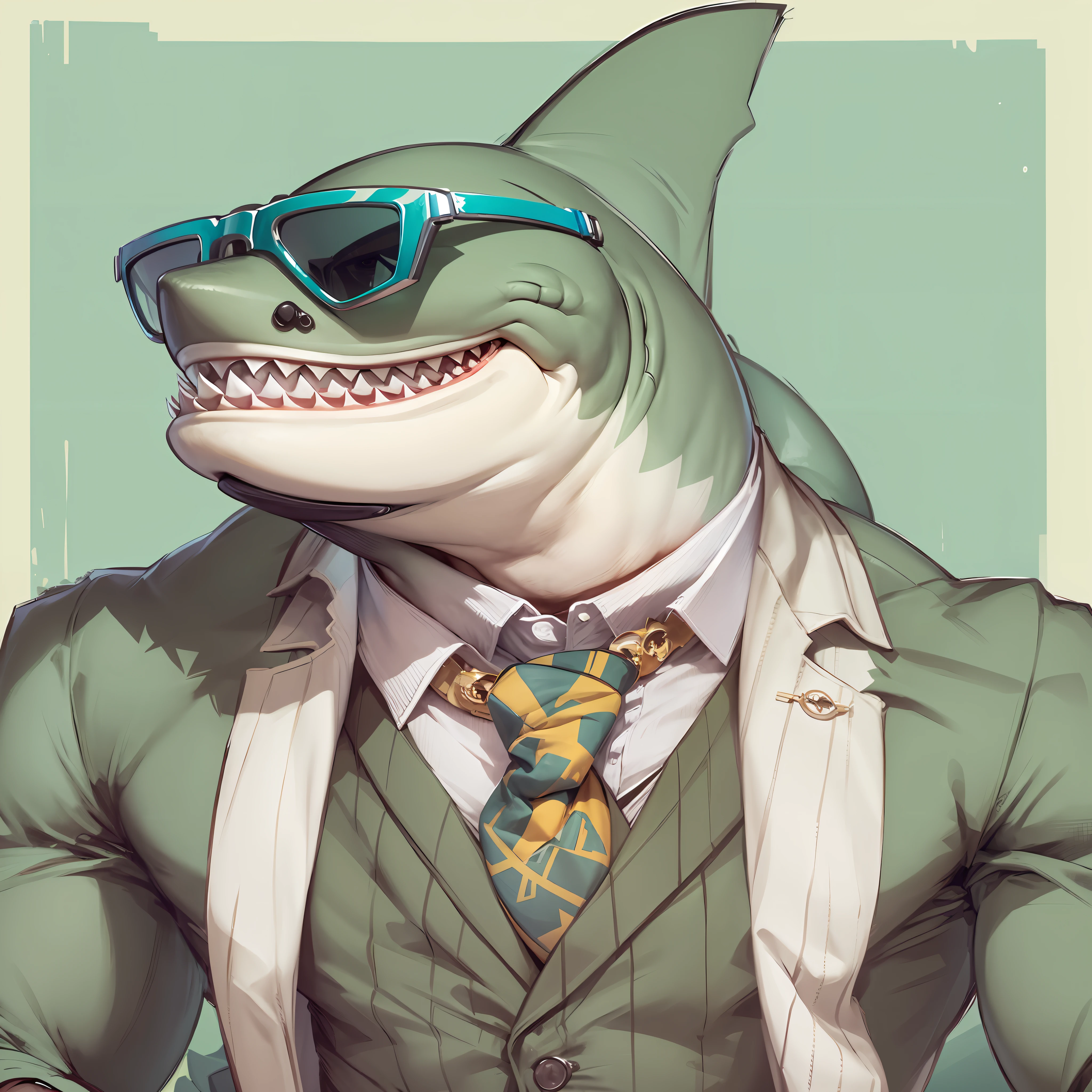 Anthropomorphic sharks，With chiseled claws and huge muscles wearing sunglasses, good proportions, Chad, merchant, suit, expression of stoicism, Unhappy, high resolution, high detail, Character focus,