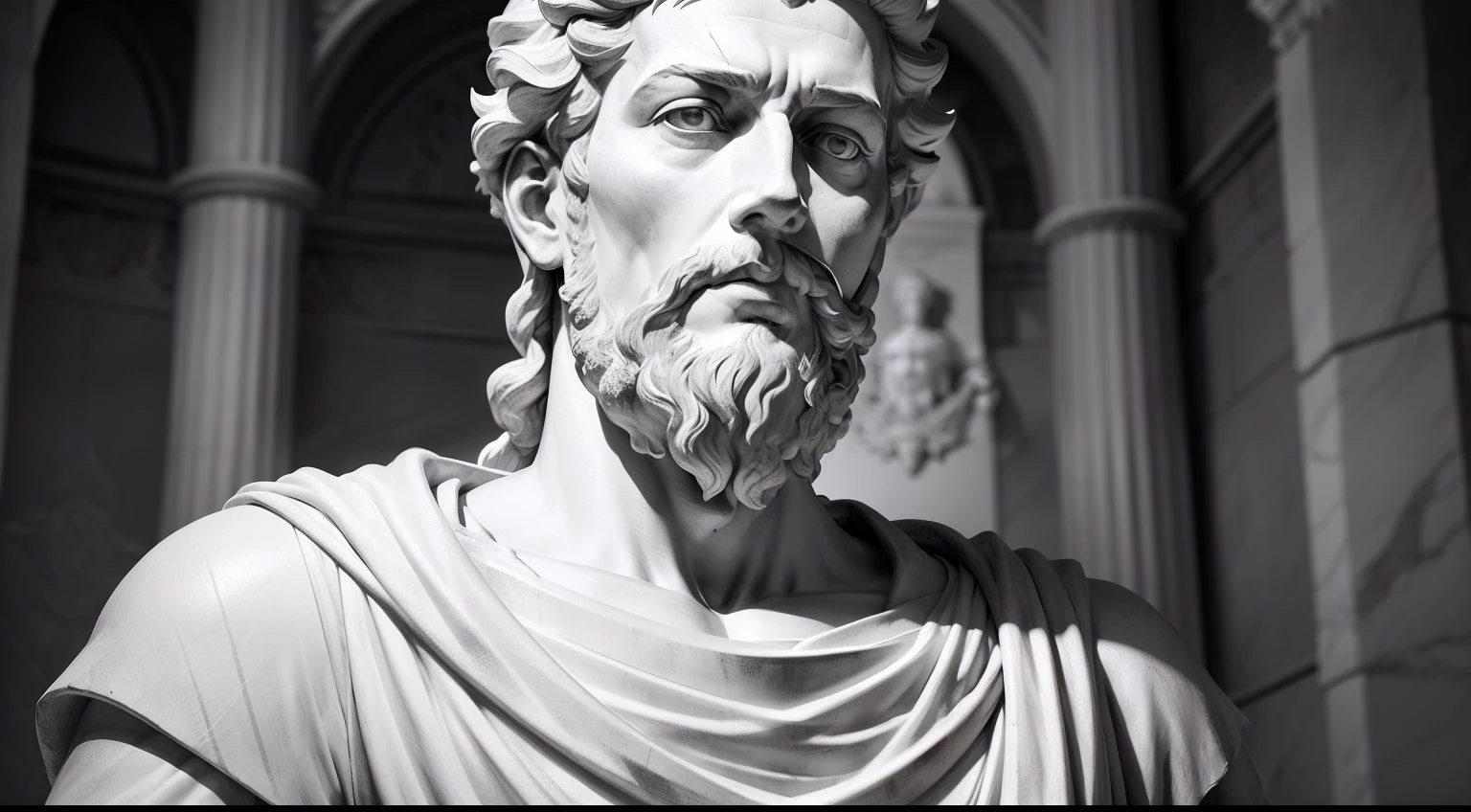 a portrait statue of the stoic Marcus Aurelius in black and white 4K, super realistic photo wallpaper