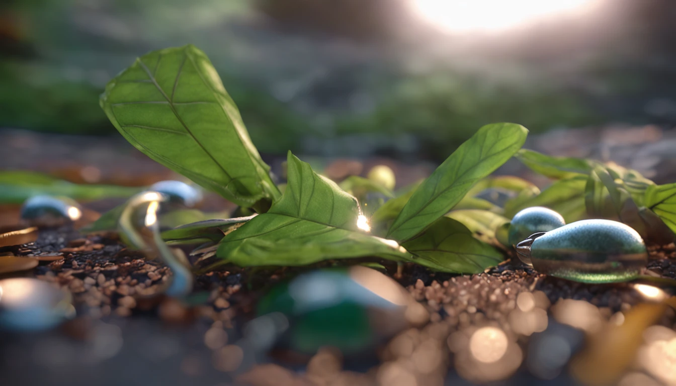 Uma formiga jaz diagonalmente em uma folha, SEGURANDO UM PEQUENO galho，There is a drop of dew on the leaves，durante a madrugada，Photographer with high angle lens，photorealistic cinematic render, cinematic 3d render, realistic cgi render, depicted as a 3D rendering