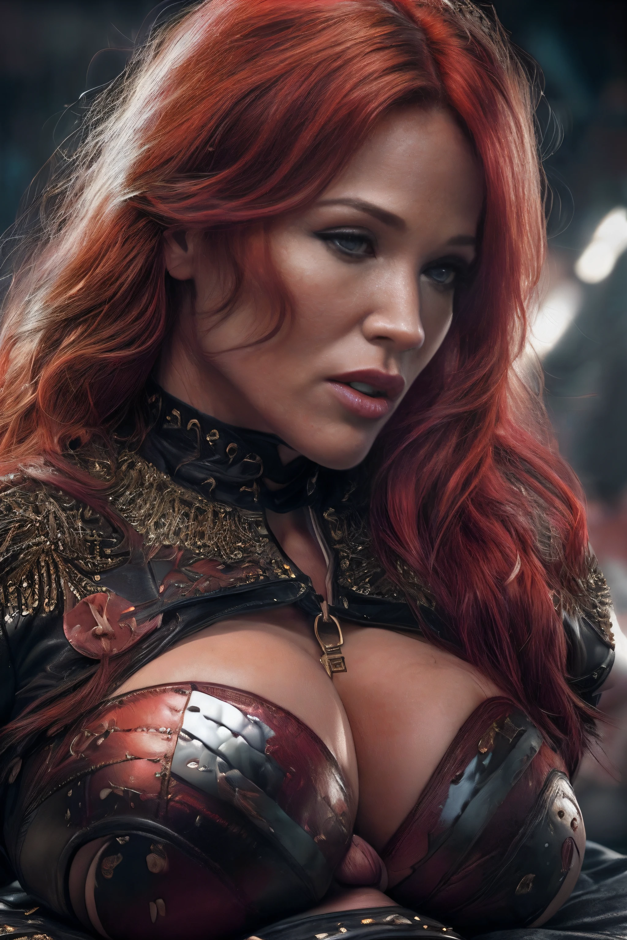 ((Looks like Jennifer Garner as Electra), ((red hair)), huge breasts, leather clothes, (insanely detailed:1.5), extremely detailed face and eyes, (black eyeliner:1.4), full body photograph, from behind, (plumb ass:1.4), (thick thighs:1.4), (:1.4), highly detailed skin, (nsfw:1.4)