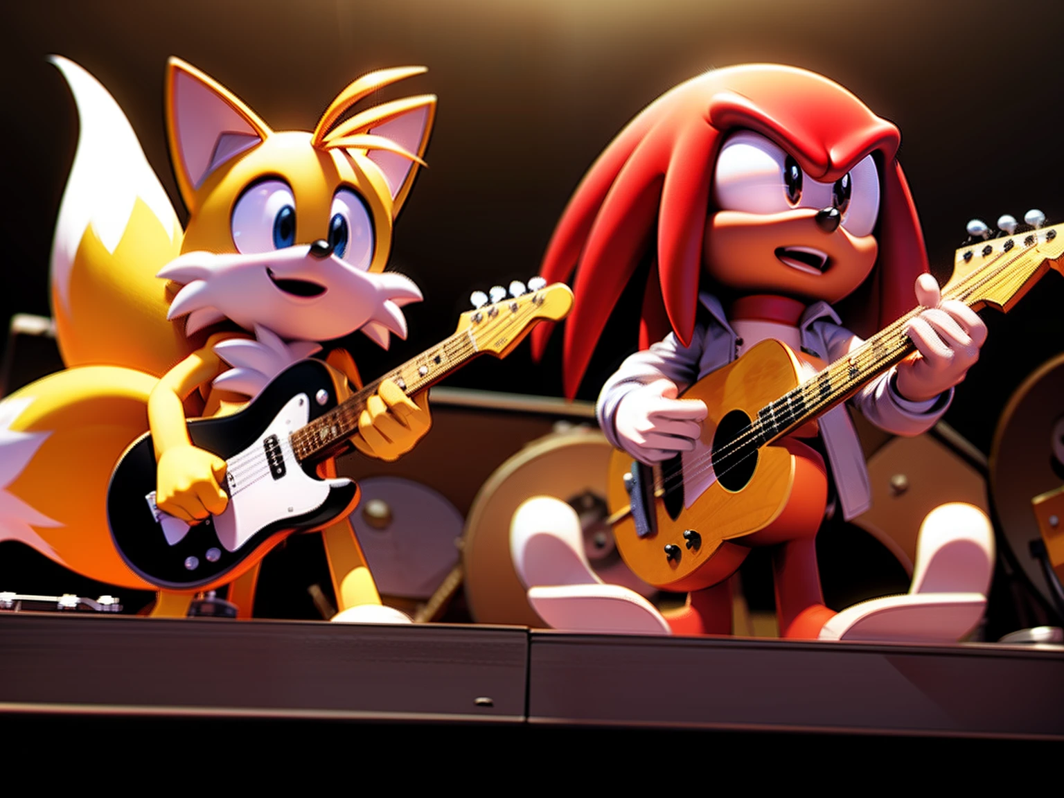 tails the fox wearing white leather jacket and singing with a microphone, sonic the hedgehog wearing black leathe jacket playing guittar, knuckles the echidna wearing yellow leather jacket and playing drums, , intricared details, 8k