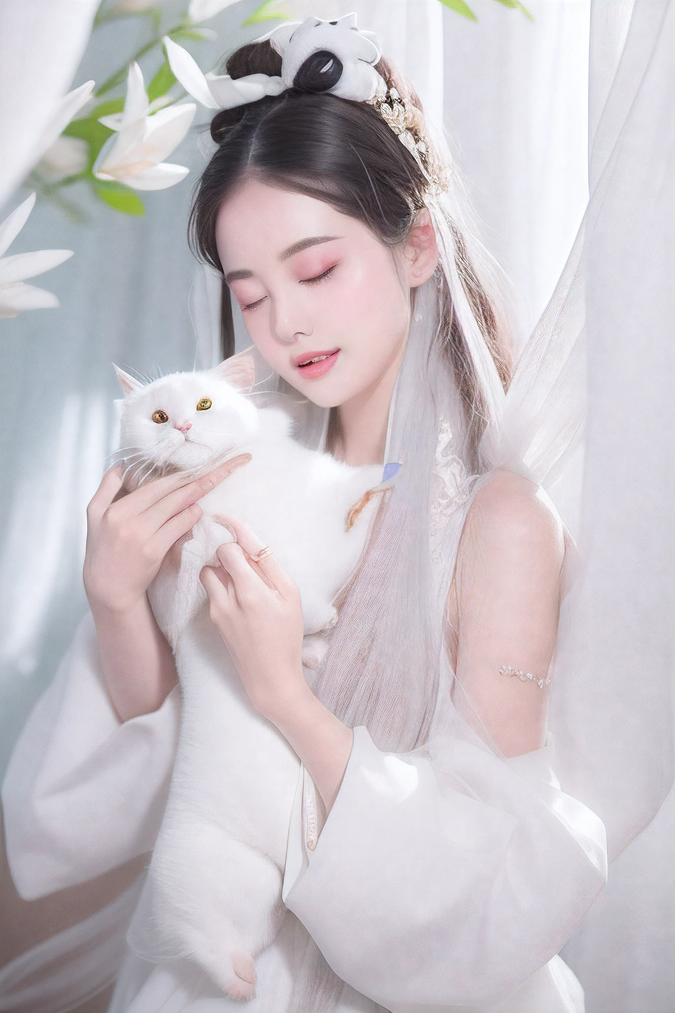 araffe woman in white dress holding a white cat in her hands, dilraba dilmurat, ultrarealistic sweet bunny girl, pale milky white porcelain skin, white hanfu, holding a rabbit, ruan jia beautiful!, white ( cat ) girl, sha xi, ruan cute vtuber, porcelain white skin, inspired by Ai Xuan