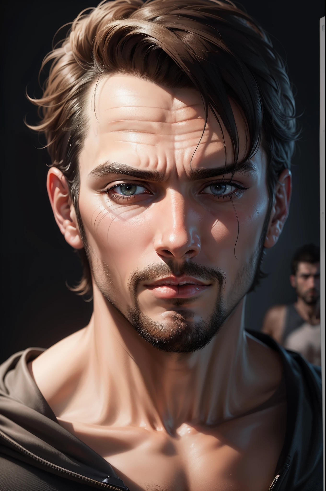 Realistic portrait of a man,a modern digital artist with an expressive face against the background of computer technology.