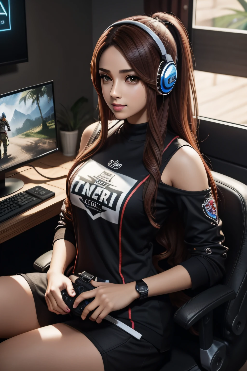 Um garota gamer, jogando, ambiente fantasioso, sentado, cadeira gamer, luzes sureais, estiloso, roupas estilosas, garota