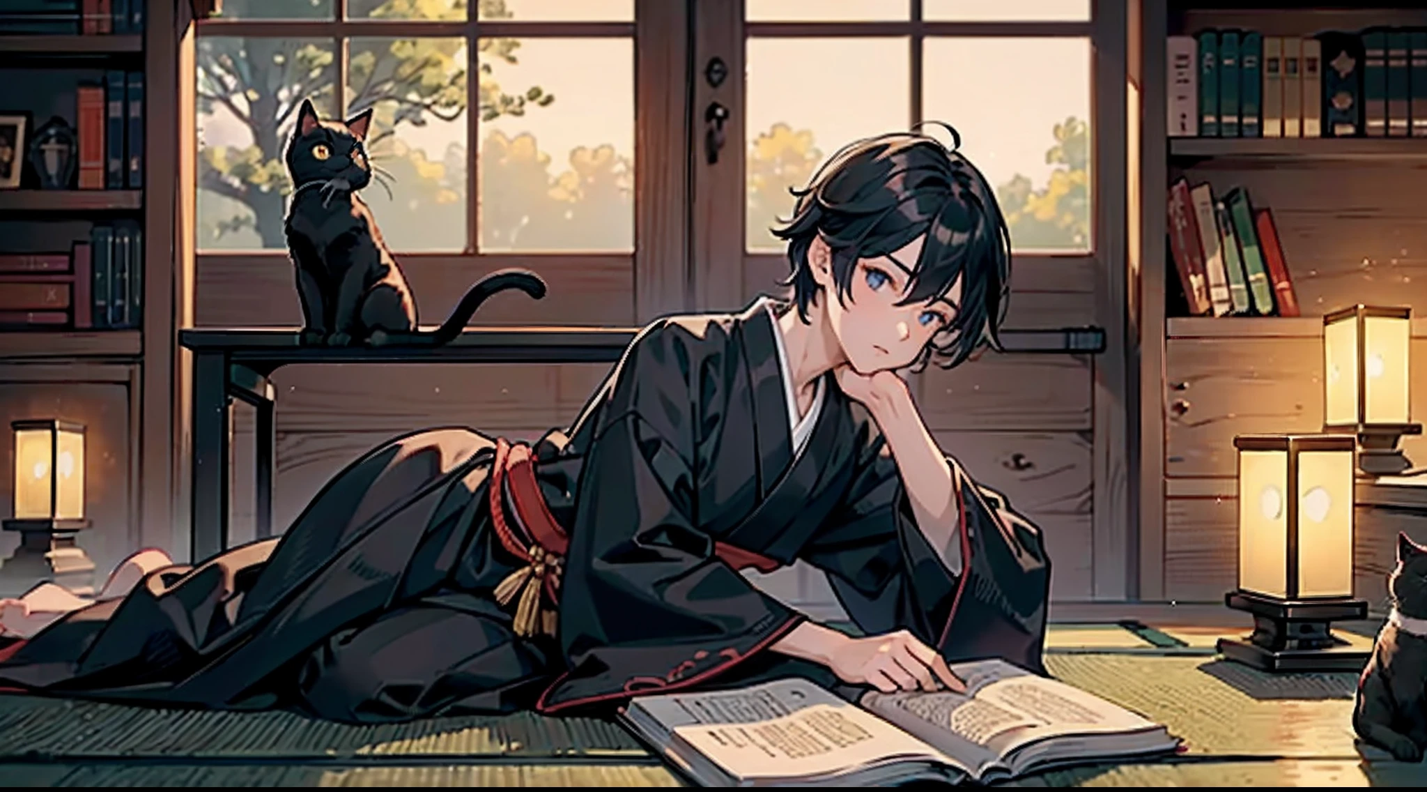 #Quality (intricate-detail、ultra-detailliert:1.2,Masterpiece),
#night sky (darkness of night,no light),
#one writing boy (16 male、Honor Students、A dark-haired、short-hair、hakama,sit flat),
#black room at night (no light,black cat,wooden low table,one candle,pretty tatami,a lot of books,bookshelf)