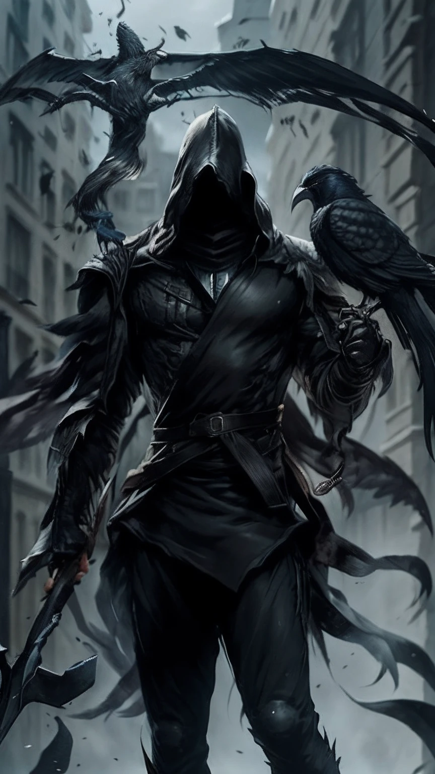 A closeup of a person holding a large sickle with a bird on his shoulder, Wraith com capuz escuro, necromante de capa escura, Corvo em Cyber Armour, Raziel IRL, - Corvo Escuro, arcano, Netflix, angelarium, Estilo Darksiders, omen from valorant, Camuflado, pintado no estilo arcano