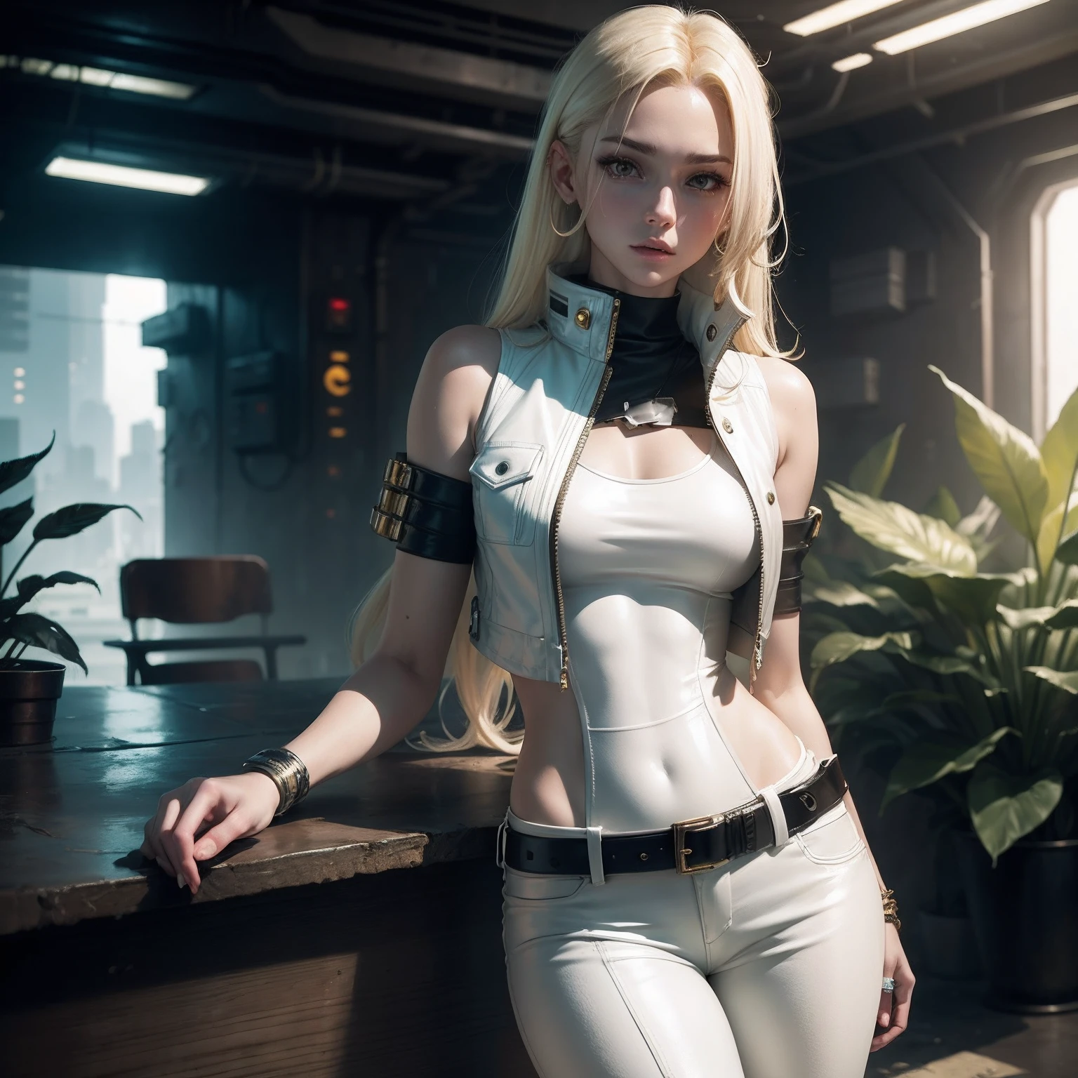 Golden hair，White leather vest on the upper body，White leather pants bottom，teens girl，White skin，Cyberpunk jungle