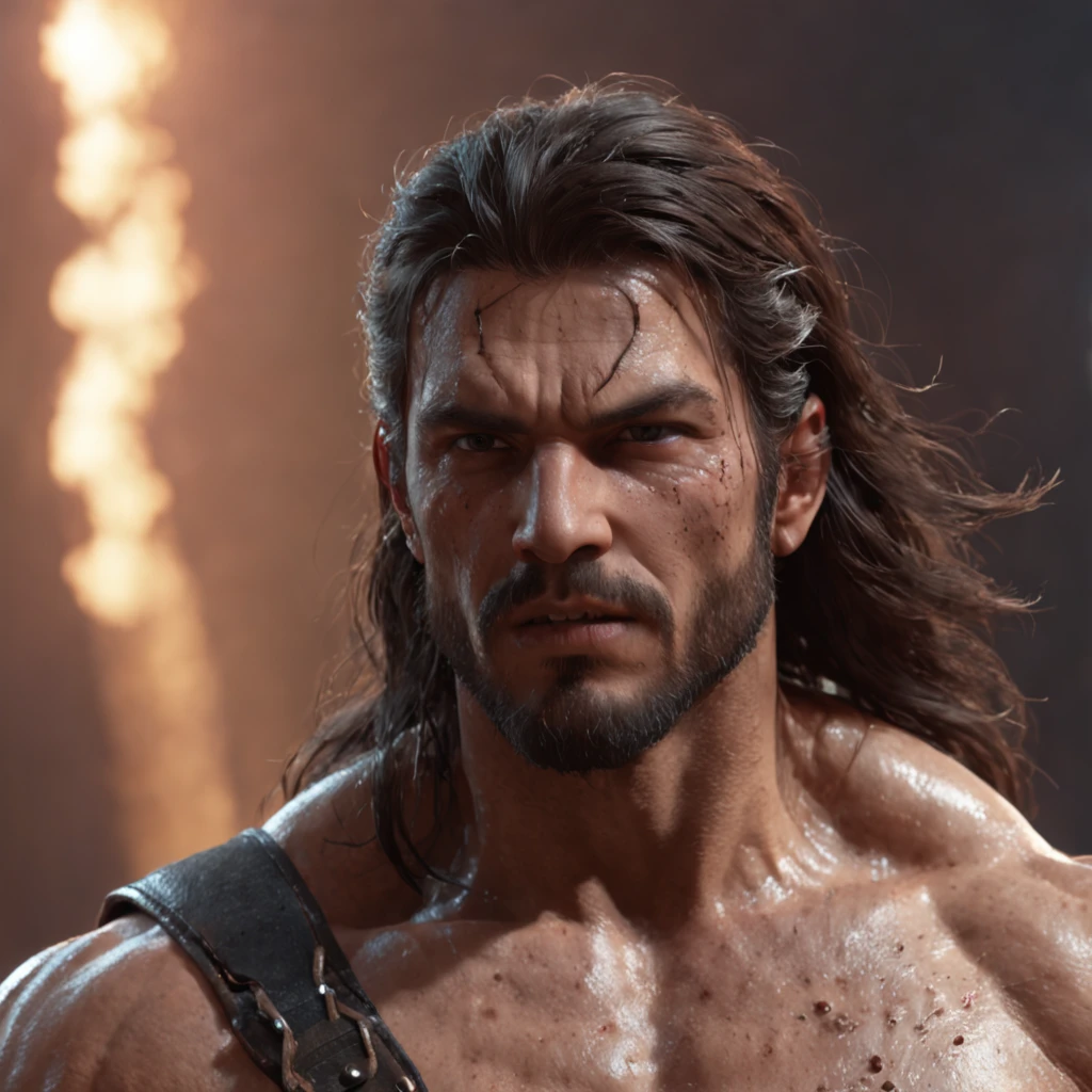 (professional 3d render:1.3) af (Realistic:1.3) most beautiful artwork photo in the world,Features soft and shiny male heroes, ((Epic hero fantasy muscle man rough wet hero angry looking long hair short beard and ferocious expression in dynamic pose, Fantastic location, Majestic cluttered environment)), full body 8k unity render, action shot, skin pore, very dark lighting, heavyshading, Detailed, Detailed face, (vibrant, photograph realistic, Realistic, Dramatic, Dark, Sharp focus, 8K), (Old leather garments damaged by weathering:1.4), ((((Wear fur)))), (Intricate:1.4), decadent, (Highly detailed:1.4), Digital painting, rendering by octane, art stations, concept-art, smooth, Sharp focus, illustration, Art germ, (loish:0.23), wlop ilya kuvshinov, and greg rutkowski and alphonse mucha gracias, (Global illumination, Studio light, volumettic light), heavy rain, particles floating, lotr, fantasy, elf, full bodyesbian, ((Dark and ancient city background:1.3)),CGSesociety,art stations