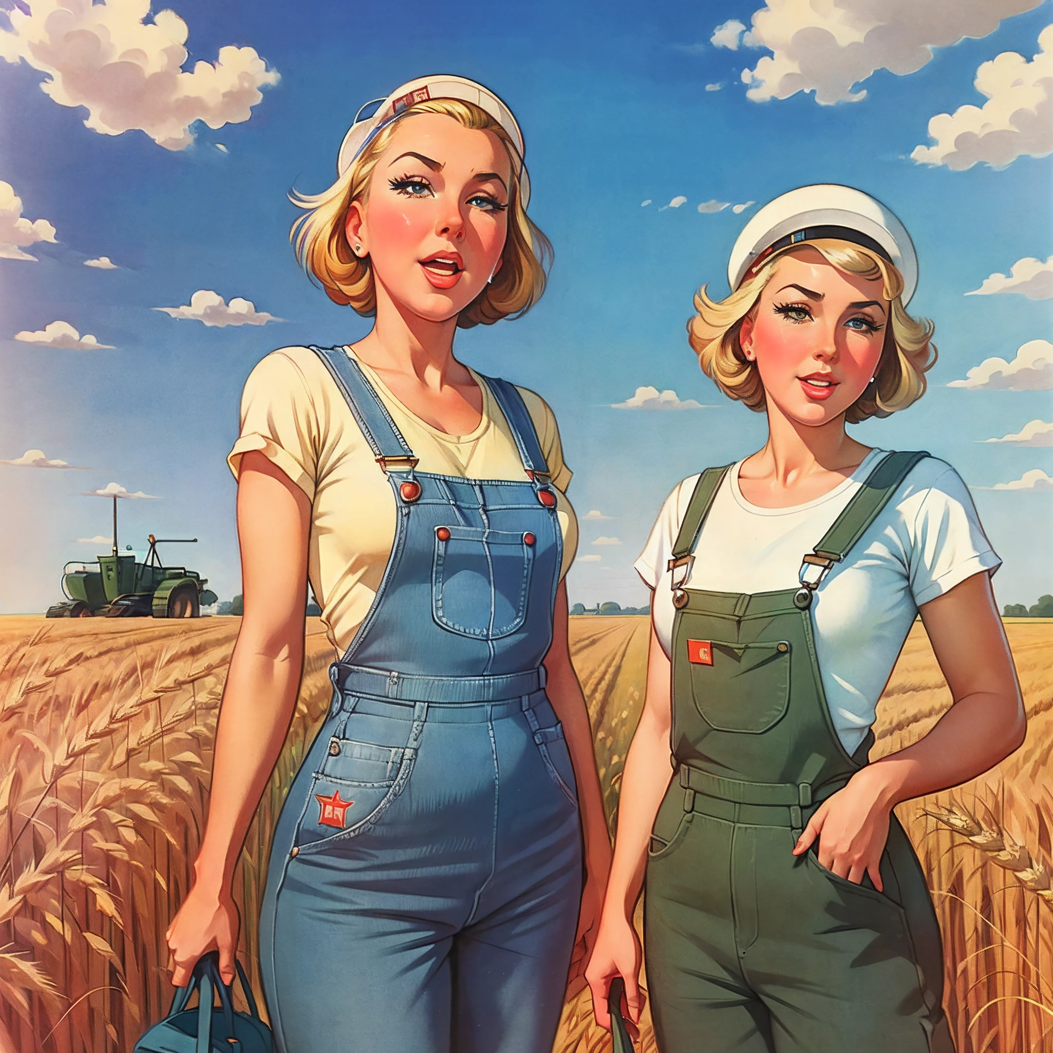 ussr, Soviet propaganda poster, a 1girl, in a working semi-overalls, Farmers, Retro, wheat, ((Arthur-Sarnoff style)), grotesque, (realistness), Detailed Illustration, ((Best Quality, tmasterpiece)), Extreme detailing, 8K