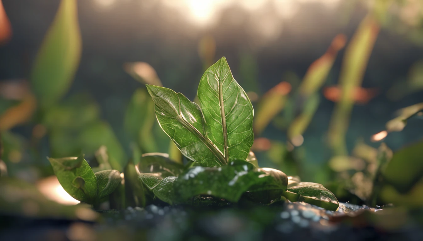 Uma formiga em primeiro plano diagonalmente em uma folha, SEGURANDO UM PEQUENO galho,There is a drop of dew on the leaves,durante a madrugada,Photographer with high angle lens,photorealistic cinematic render, cinematic 3d render, realistic cgi render, depicted as a 3D rendering
