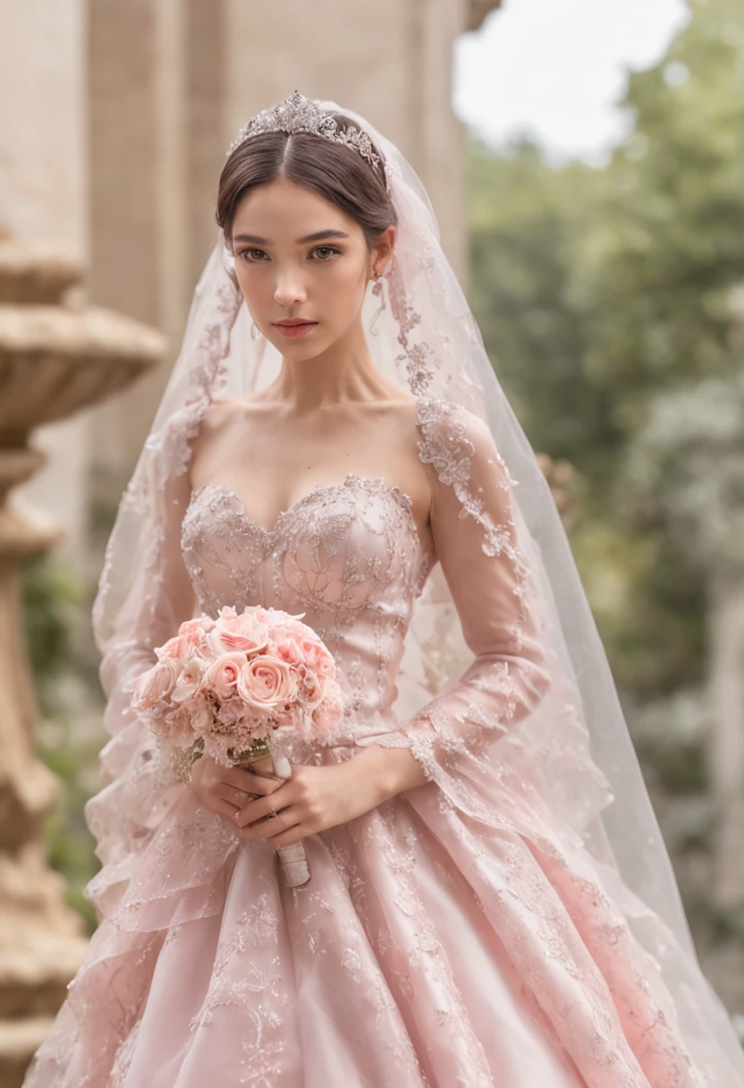 (Full body photograph of 1 girl dressed as a bride with large transparent veil and pink color dress + suave e delicado + cabelos loiros)+(Vestido longo em cores brilhantes, Luz brilhante, Cabelo loiro longo e liso + Olhos brilhantes e acolhedores)+(pink petals + Brisa suave + with blue sky and white clouds + Bosques verdes e floridos)