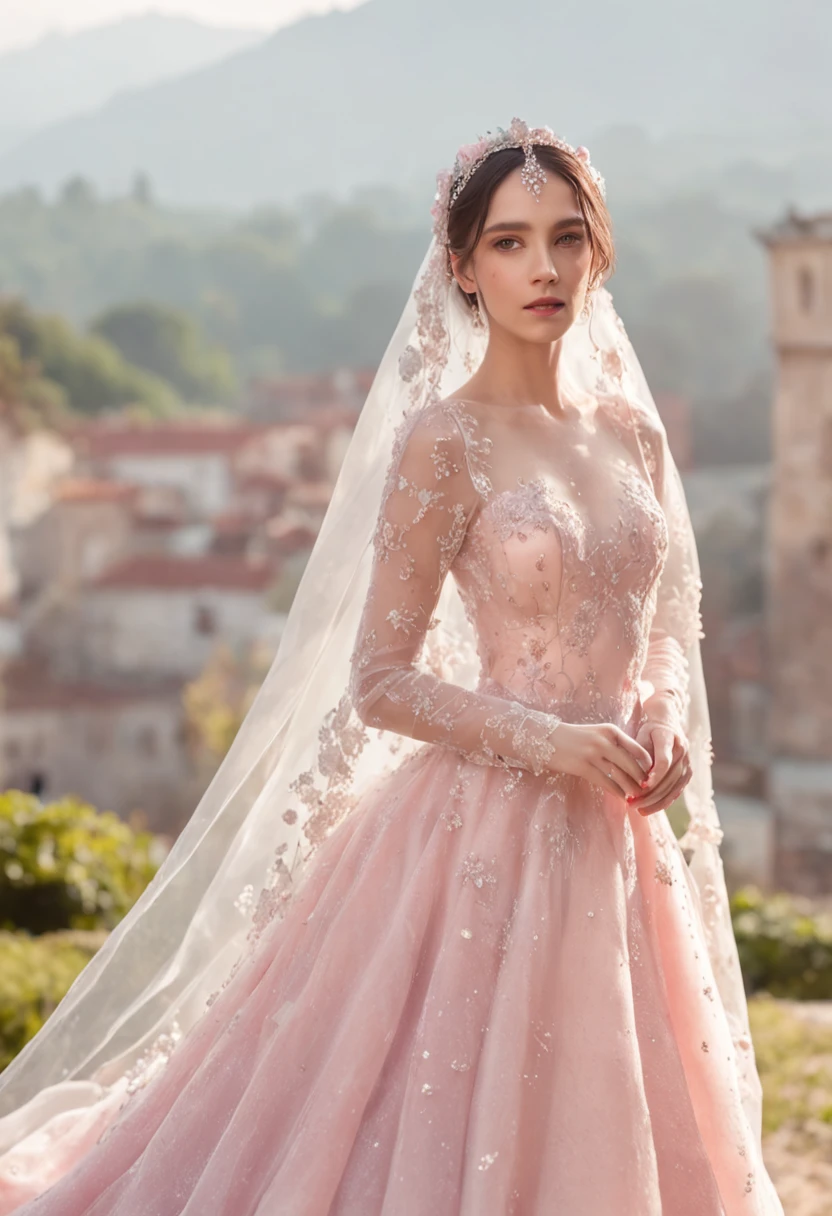 (Full body photograph of 1 white girl with freckles on her face and curly hair wedding dress with large transparent veil and pink dress + suave e delicado + cabelos loiros)+(Vestido longo em cores brilhantes, Luz brilhante, Cabelo loiro longo e liso + Olhos brilhantes e acolhedores)+(pink petals + Brisa suave + with blue sky and white clouds + Bosques verdes e floridos)