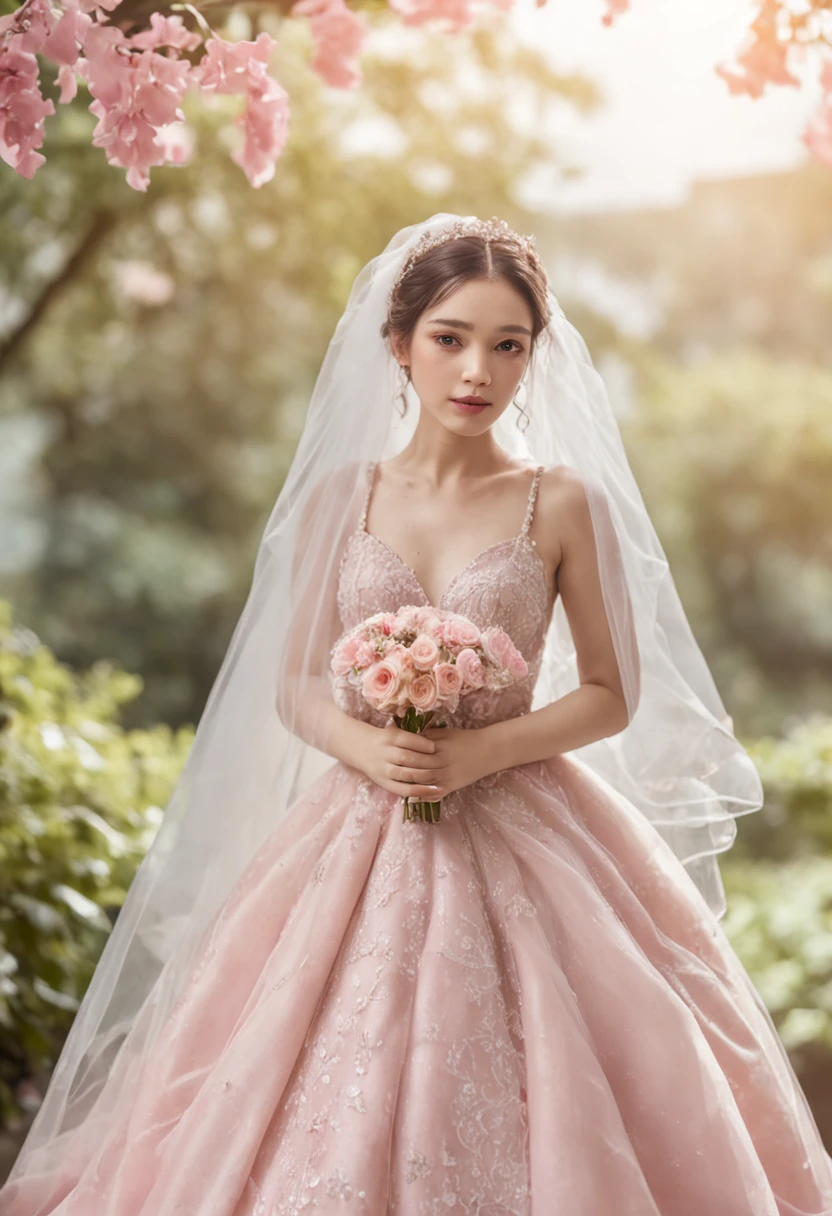 (Full body photograph of 1 girl dressed as a bride with large transparent veil and pink color dress + suave e delicado + cabelos loiros)+(Vestido longo em cores brilhantes, Luz brilhante, Cabelo loiro longo e liso + Olhos brilhantes e acolhedores)+(pink petals + Brisa suave + with blue sky and white clouds + Bosques verdes e floridos)