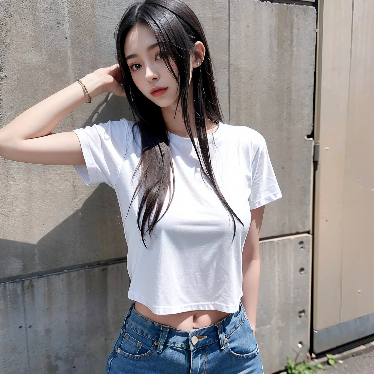 Girl taking pictures in t-shirt and tight denim、arm behind back、full body Esbian、Cropped length shirt、slim figure、Petite bust、Slim Girl Model、24歳の女性モデル、In the street