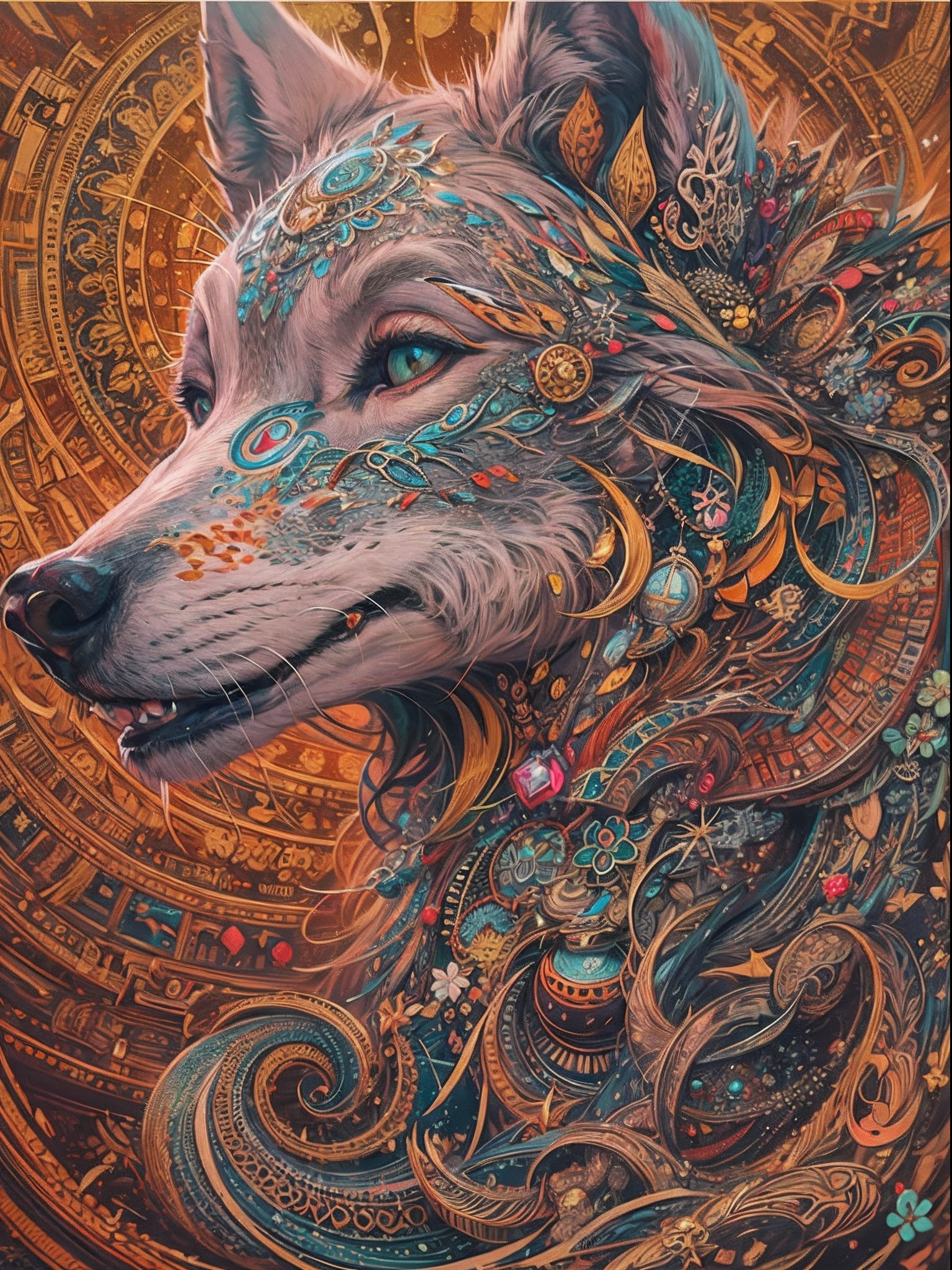official arts, Unity 8k壁纸, Ultra-detailed, Beautiful and aesthetically pleasing, tmasterpiece, beste-Qualit, (zentangle, a Mandala, clew, meshing), (s fractal art: 1.3), 1Антропоморфная девушка Scarlet Wolf, Extremely detailed, dinamic angle, Cowboy shot, Most Beautiful Form of Chaos, elegant, a brutalist designed, bright colours, romanticism, The Shining of the Stars, Arctic Lights
