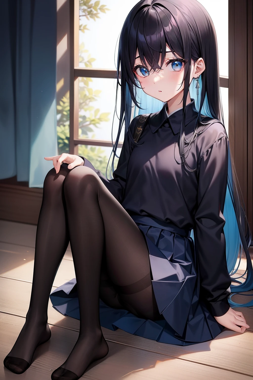 tmasterpiece、Need、Highest high resolution、Japanese high school girl、Petite、Small chest、Dark blue top、a black pleated skirt、The slender legs are wearing dark black pantyhose、No shoes、ccurateblack hair、Long straight hair, Turquoise eyes