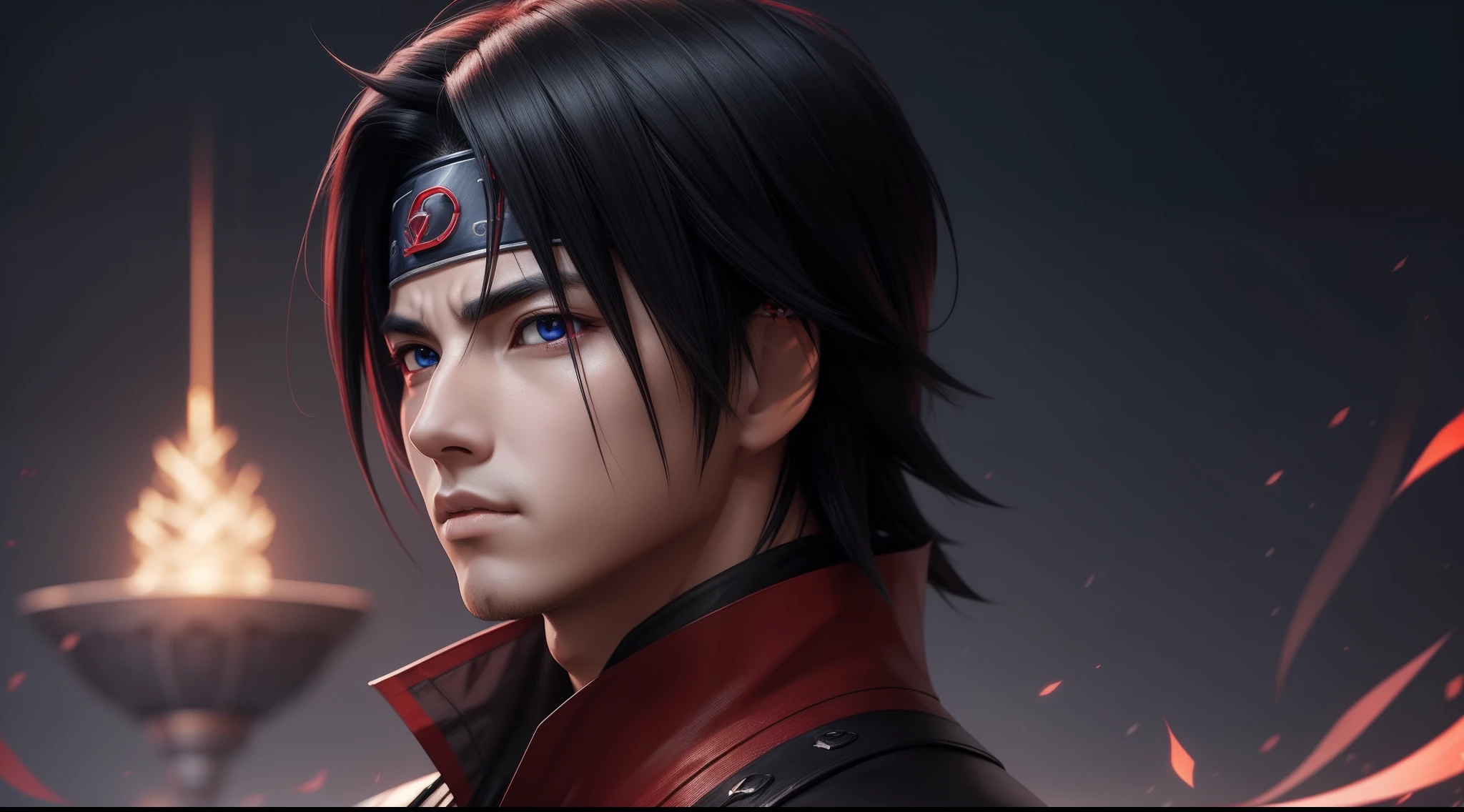 Hot profile picture, masterpiece, extremely accurate rendering, cool beautiful Sasuke, dependable young man, savior of the world, simple design, best visuals, 8K, light red eyes , the same color as the original demon ninja.