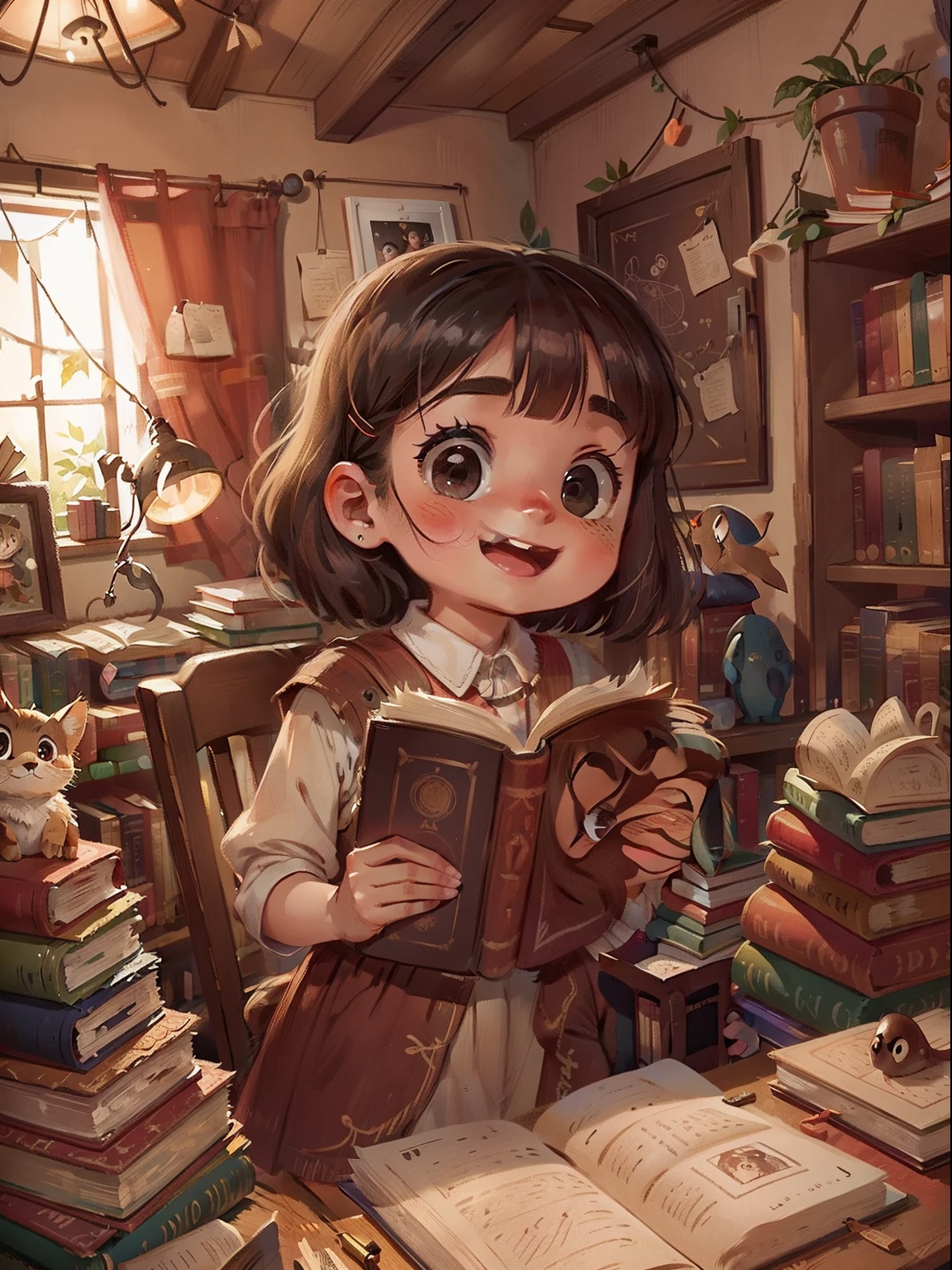 Mia 9 , stands in front of an old book in her grandmother's attic. She looks at it curiously, with big eyes and a smile.