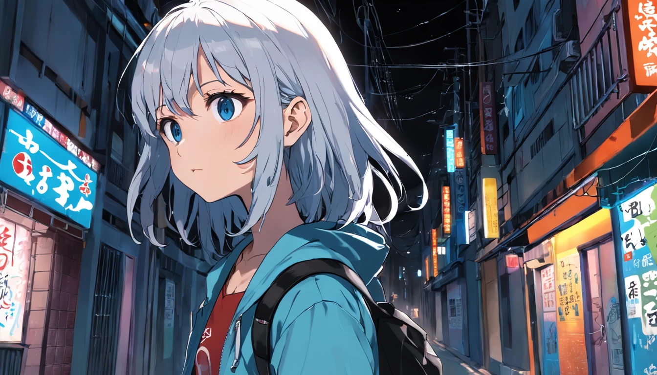 graphic novel illustration, In an alley in Japan, Poor neon lighting. Um com cabelo branco, olhos azuis uma bandana preta com detalhes brancos sobre sua boca, com uma mochila, um fuzil nas suas costas. Grafite escrito "help us", distopic, Illuminations, em 5.2, Style reputation, Efeito vidro quebrado, sem antecedentes, atordoante, algo que nem existe, Wonderful presence, energia, molecular, texturizado, Cores iridescentes e escamas brilhantes, breathtaking beauty, pure perfection, Divine Presence, unforgettable, impressionante, breathtaking beauty, Light Volumetric, tem clivagem, raios, Reflexos de cores vivas
