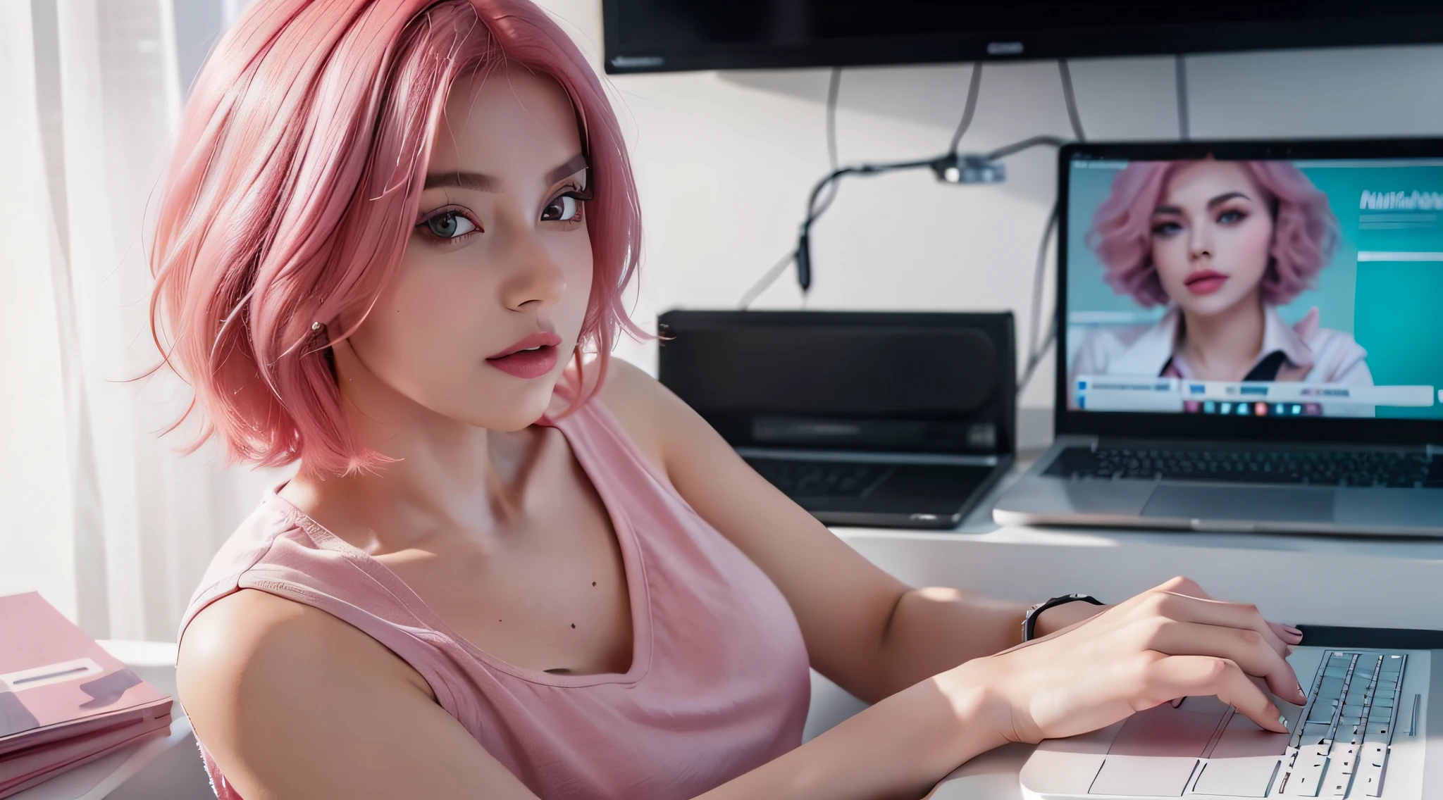 photo of a woman sitting on desk in front of a laptop scrolling on Youtube , cute girl , confident look, with short pink hair, jovana rikalo, full subject shown in photo, professional image , medium portrait, wide portrait, young business woman, color portrait, with pink hair, high quality portrait , aleksandra waliszewska