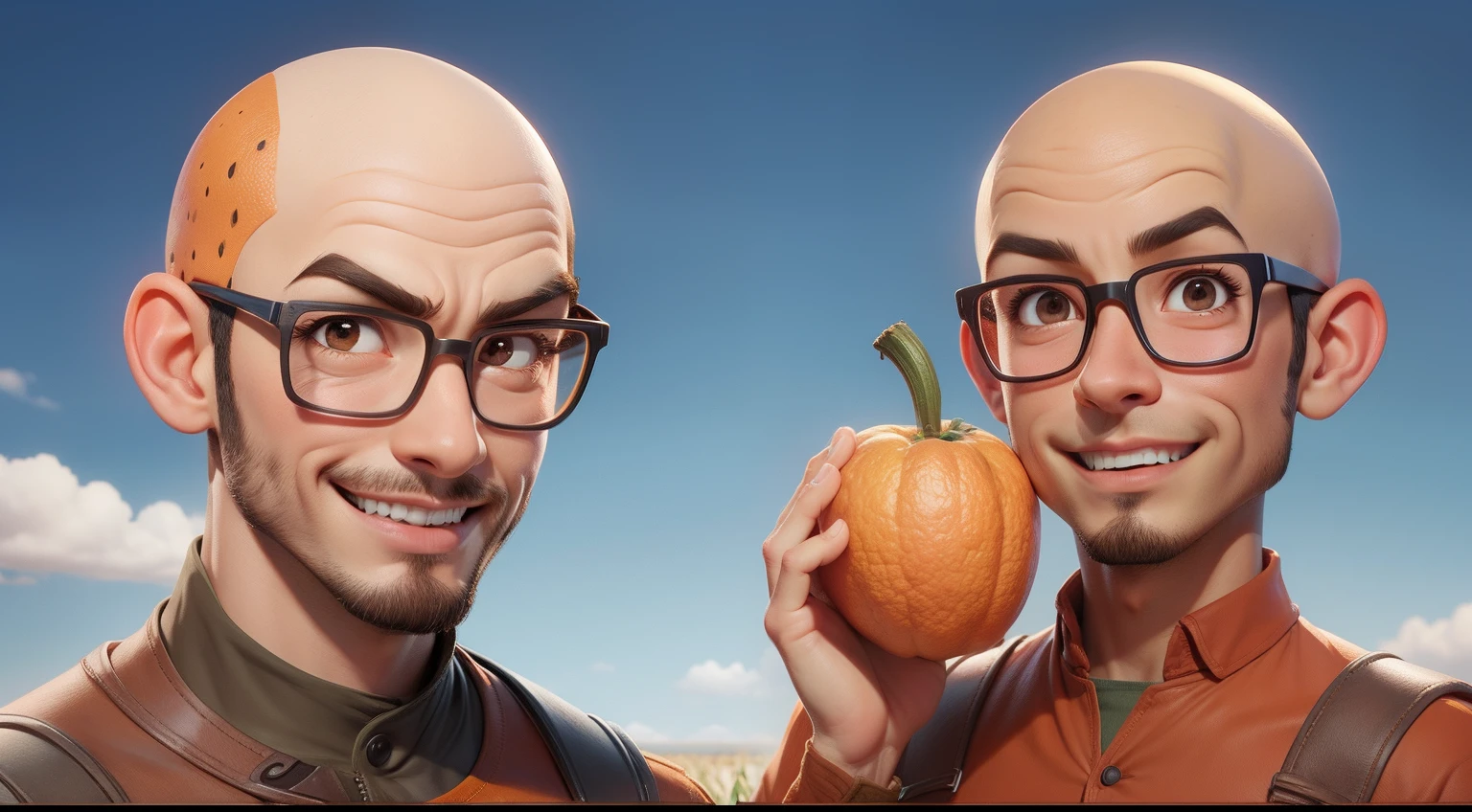 bald male character, brown eyes,brown clothes ,holding orange fruit, in field backgrouns, blue sky background, pixar disney cartoon style