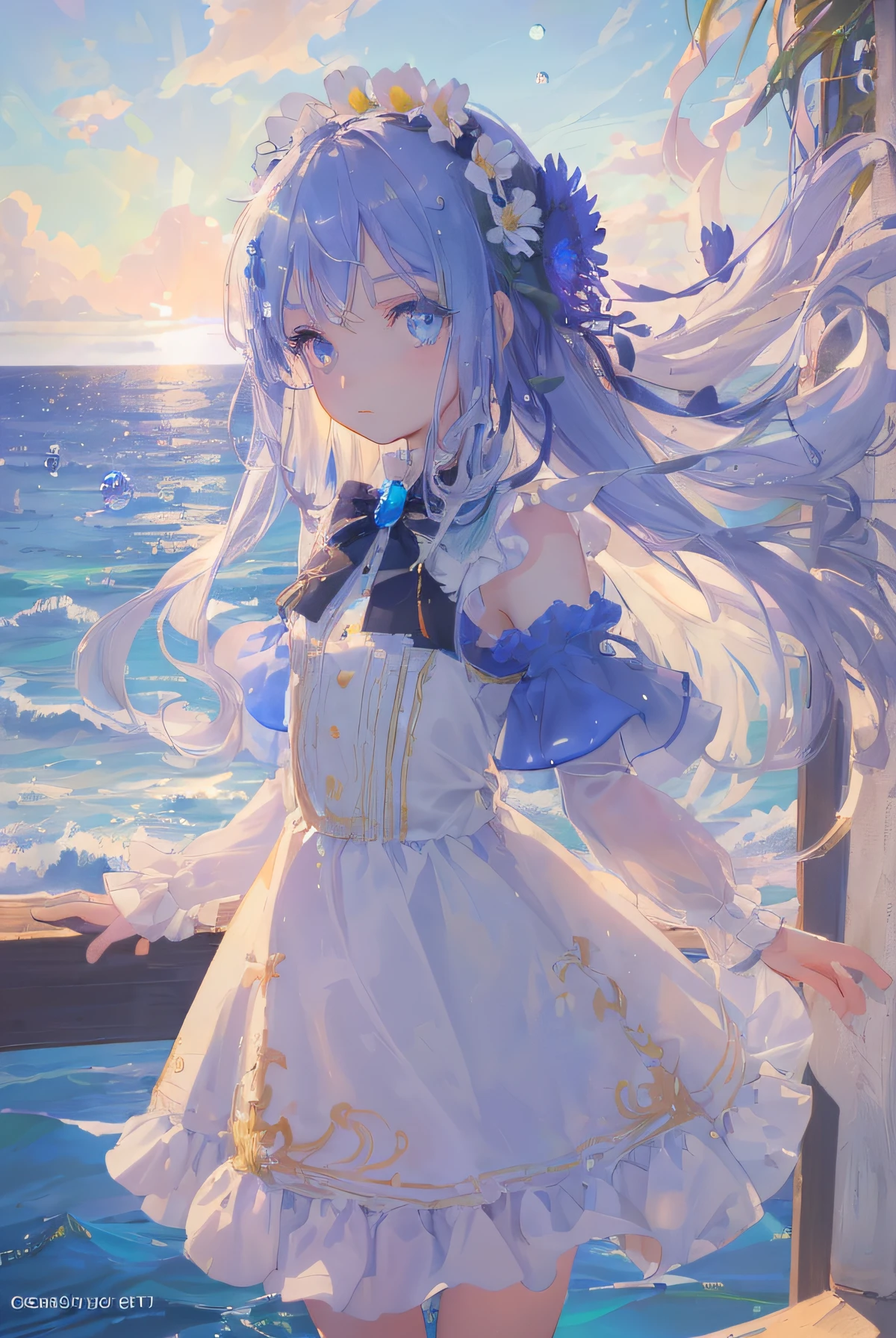 art by Cornflower, dready (A petite girl with beautiful detailed eyes. The depth of field in the photo is perfect and the lens flare adds a nice touch. The fine details on her face really stand out, score because of this photo Definitely greater than 10. In the background, there is a beautiful ocean with clear water and water droplets on the surface