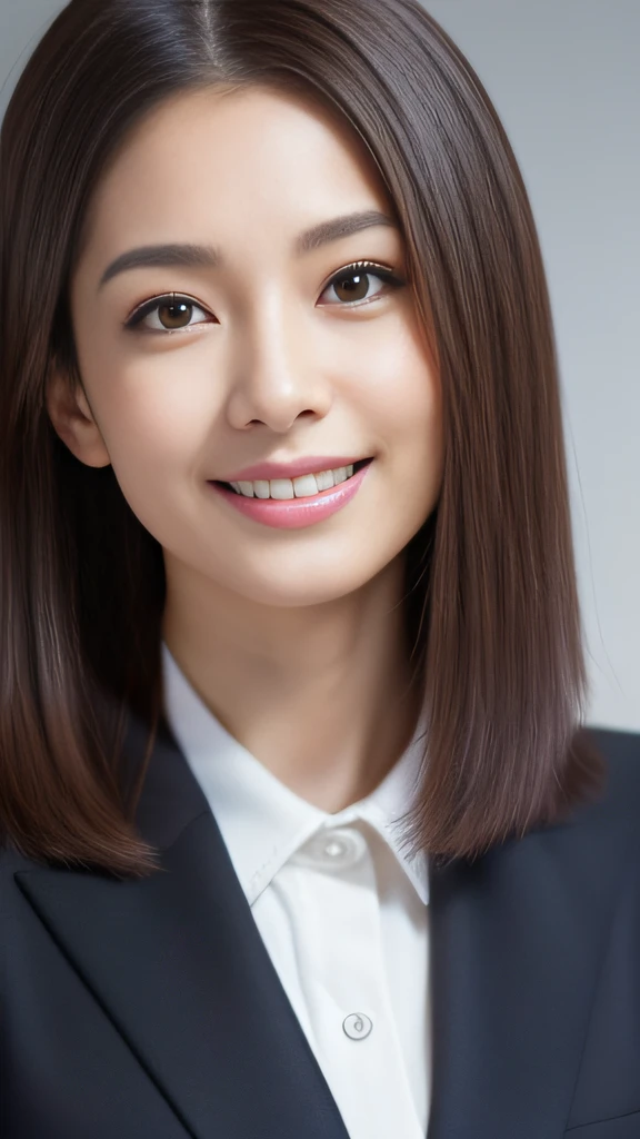 (the Extremely Detailed CG Unity 8K Wallpapers,masutepiece, Best Quality, Ultra-detailed), Gray background, 28-year-old woman in Japan, Charming detective assistant, (Long:1.2), Intelligent facial expressions, radiant eyes, slim figure, Passionate attitude, Sophisticated clothing, Interesting gaze, Intelligent, Strong sense of responsibility, Stylish appearance, confident grin, Professional atmosphere, Dark brown hair color, Medium height, Dress to make you feel intelligent, Knowledgeable impressions
