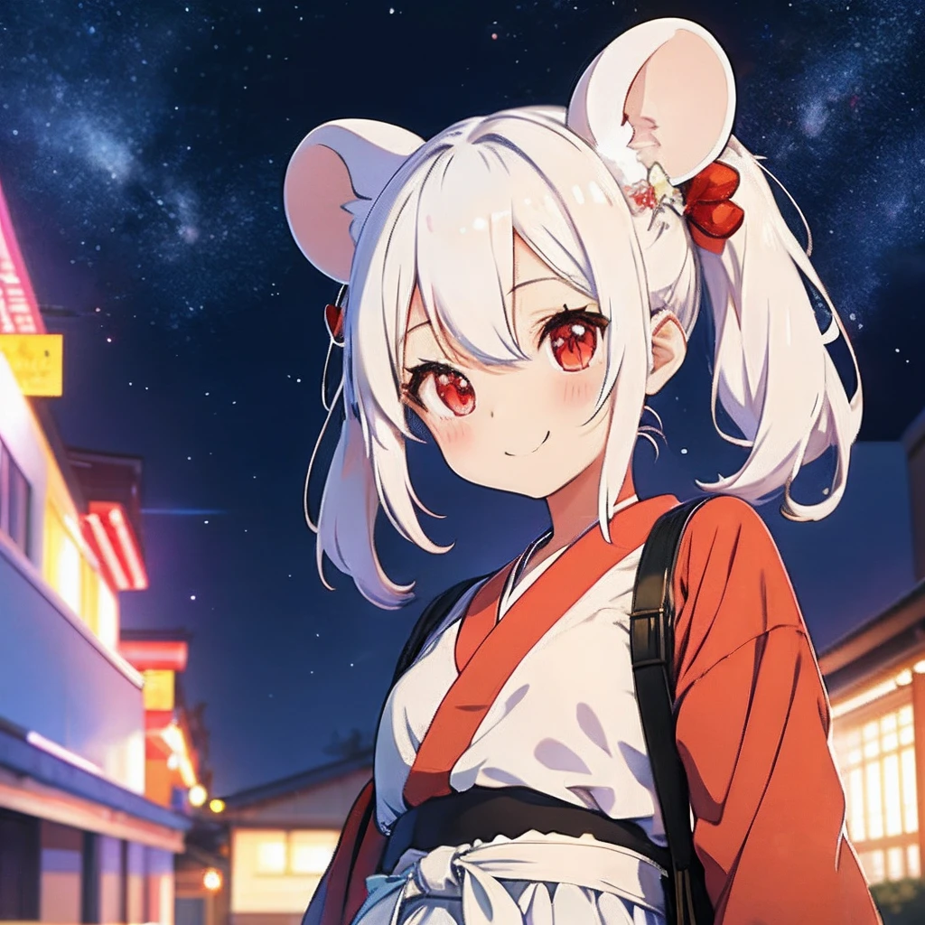 Anime girl with white hair, girl with１a person、（personification）、straight haired、（Twin-tailed）Twin-tailed、Red hair ornament、Anime girl with round ears of a mouse, Anime visuals of cute girls, （Wearing a red kimono）（large ears that are round and white,,,,）、（I have a pet rat next to me）、portlate、（Outer space background）Outer space background、（A big smile）