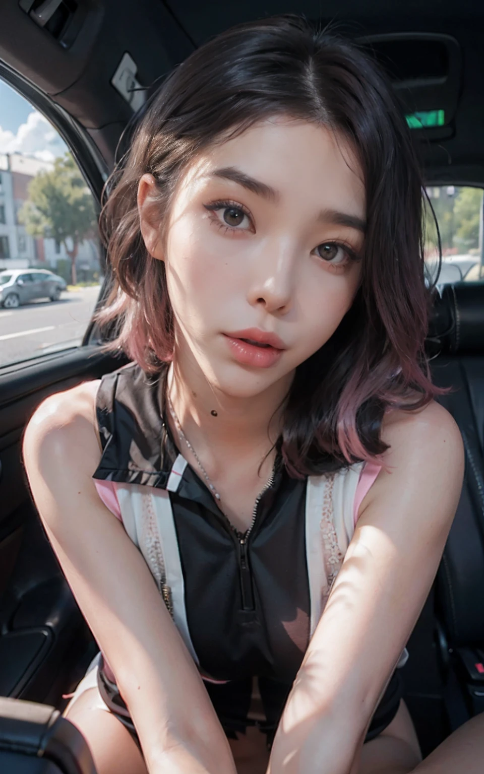 (Huge breasts), (18 years old), (Very small head), Daylight, Sunlight, (Perfect body:1.1), (Volleyball uniform), (Kneeling), (Short hair), (Wavy Hair), (dark brown hair), (Pink and blue highlight hair), ((fullllbody)), (8K), (extremely delicate and beautiful), (masutepiece), (Best Quality:1.0), (realisitic), Realistic Shadows, (High resolution:1.0), Detailed skin, Ultra-detailed, Slim body, (Beautiful hair, Real Hair, detailed hairs), blush, Photorealistic, Realistic face, Realistic eyes, Small eyes, Happy smile, (((Colorful))), (eye liner), (mascara), (eye shadow), (Big ass), full of sweat, makeup, Seductive eyes、Lips、Tilted woman、In the car、细致背景、Super beautiful backgrounds、Rear seat of limousine、Interior of a luxury car、Black smoke window、Pink Light Up、The man next door is naked、Naked Man 、Swallow with full mouth、Bring your face closer to the screen、bending forward