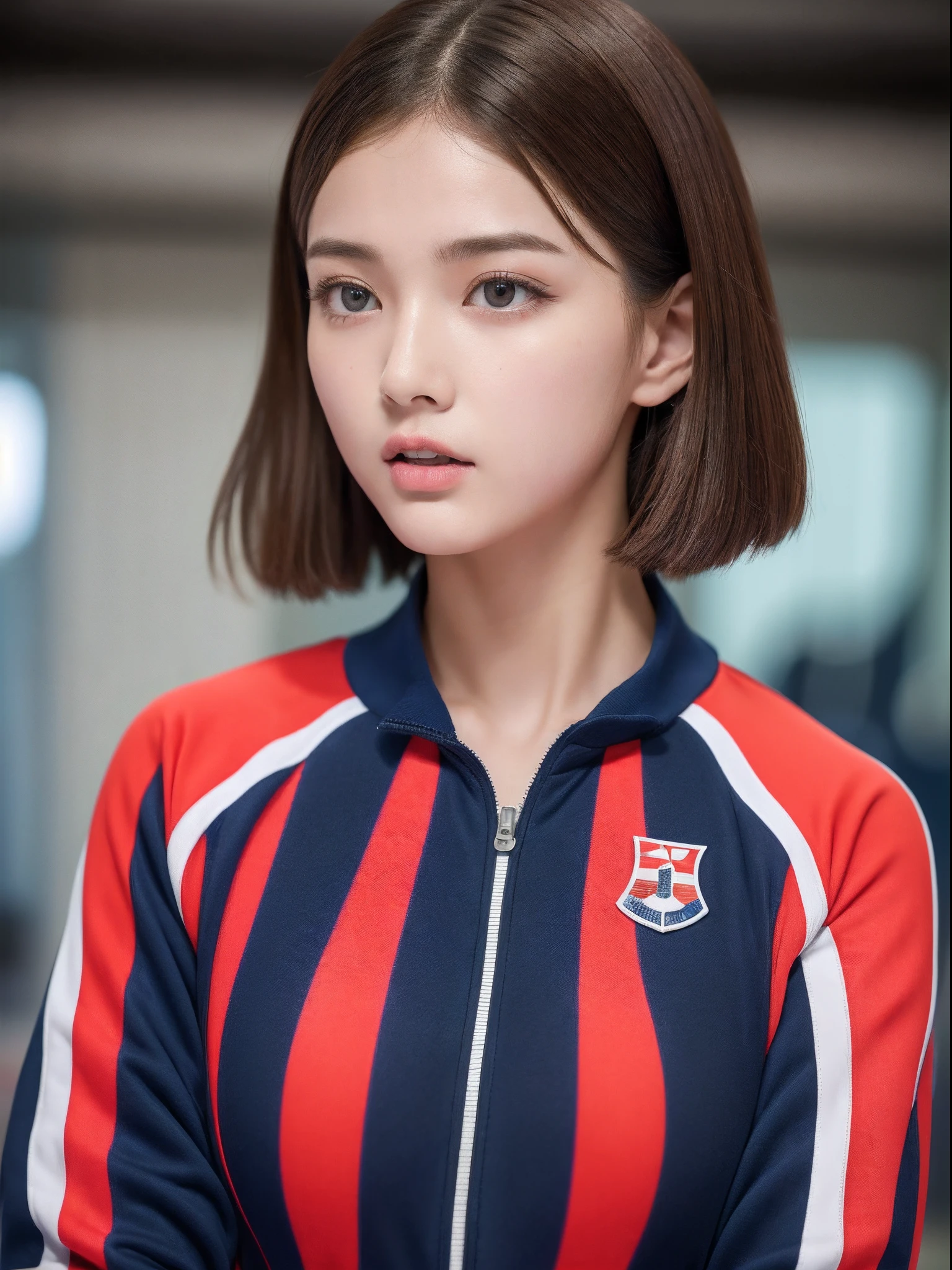 the Extremely Detailed CG Unity 8K Wallpapers、top-quality、ultra-detailliert、masterpiece、studio shoot、Full body portrait、(Red and white navy blue multicolor tracksuit:1.4), realisitic、Behind the photo、large full breasts、realisitic、Photo Real、extremely detailed cute girl、独奏、sixteen years old、happy facial expression, training gym, Brown hair、short-cut、out of focus、blur、
