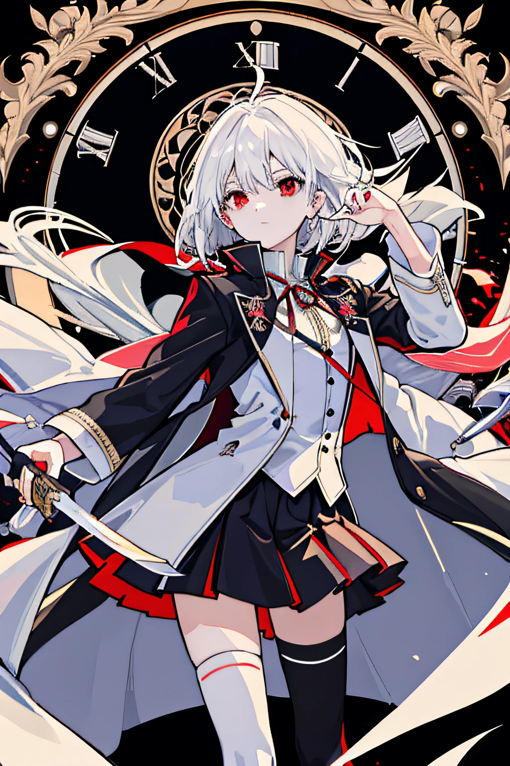 tmasterpiece), high high quality, Anime shoujo,solo person, 动态照明, Highqualityshadow, With knives and swords,Old clocks,(Cinematic quality),White hair,Red eyes,White clothes(classical),Epic,Short black skirt,In an overcoat,Positively,Black stockings