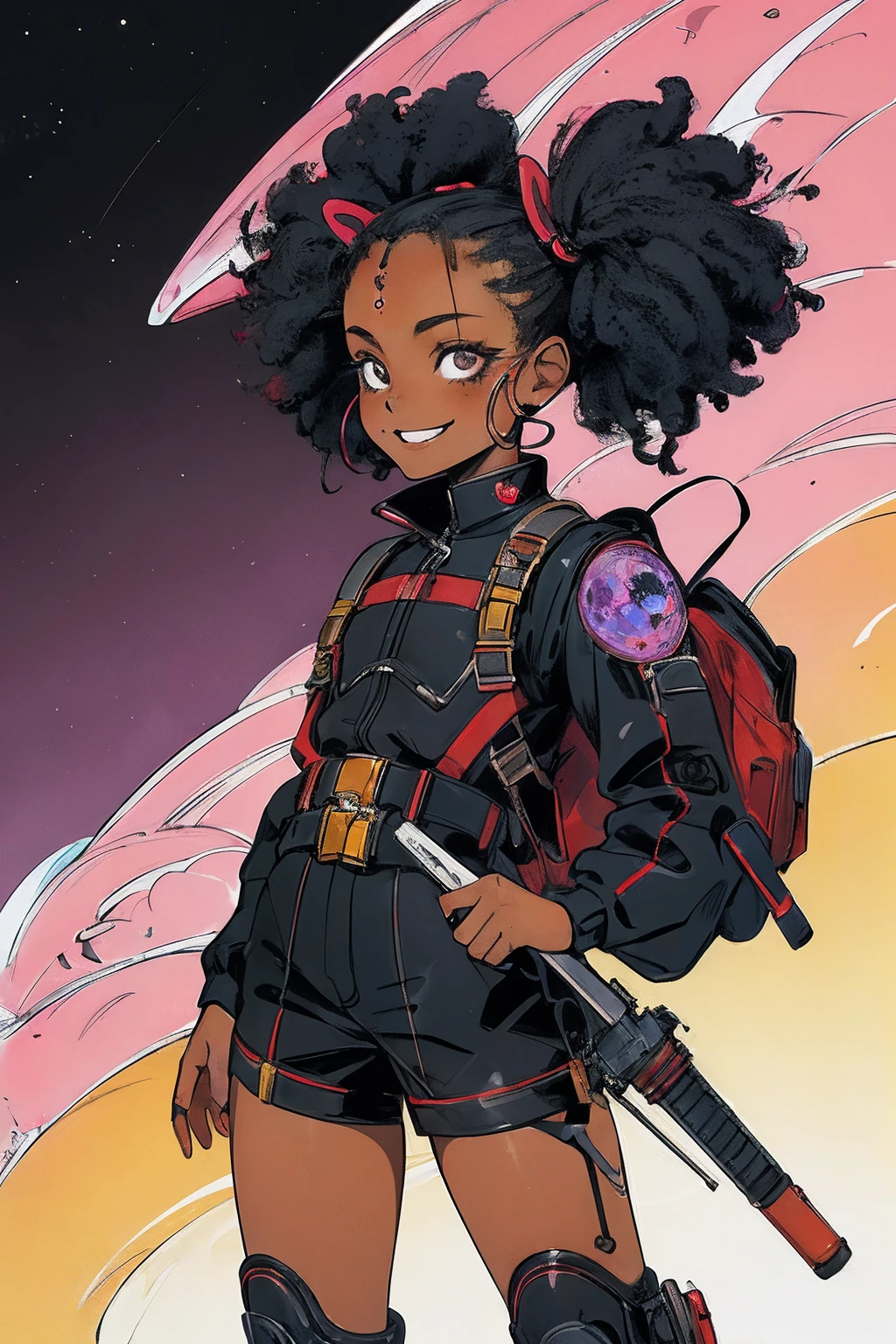 masterpiece:1.2, best quality, absurdres, explosive, background, action shot, gritty, futuristic little girl, SCI-FI, centered portrait, in the style of Kentaro Miura, (1female), child, young girl, black, afro pig tails, smiling, wearing gear, comic, intricate, surreal, weapons,