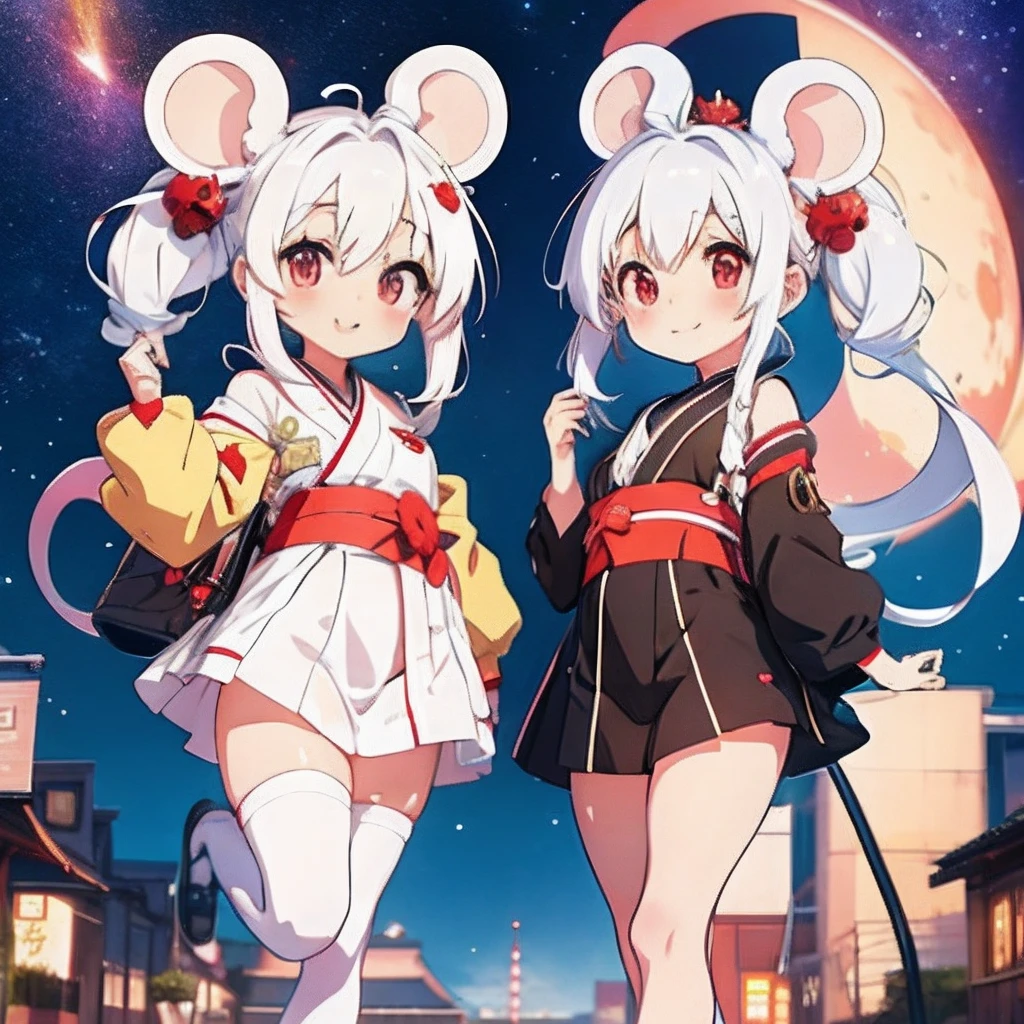 Anime girl with white hair, girl with１a person、（personification）、straight haired、（Twin-tailed）Twin-tailed、Red hair ornament、Anime girl with round ears of a mouse, Anime visuals of cute girls, （Wearing a red kimono）（large ears that are round and white,,,,）、（I have a pet rat next to me）、portlate、（Outer space background）Outer space background、（A big smile）