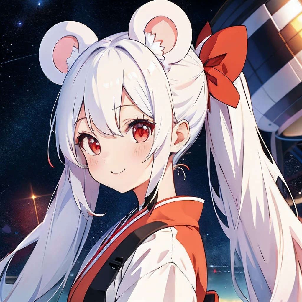 Anime girl with white hair, girl with１a person、（personification）、straight haired、（Twin-tailed）Twin-tailed、Red hair ornament、Anime girl with round ears of a mouse, Anime visuals of cute girls, （Wearing a red kimono）（large ears that are round and white,,,,）、（I have a pet rat next to me）、portlate、（Outer space background）Outer space background、（A big smile）