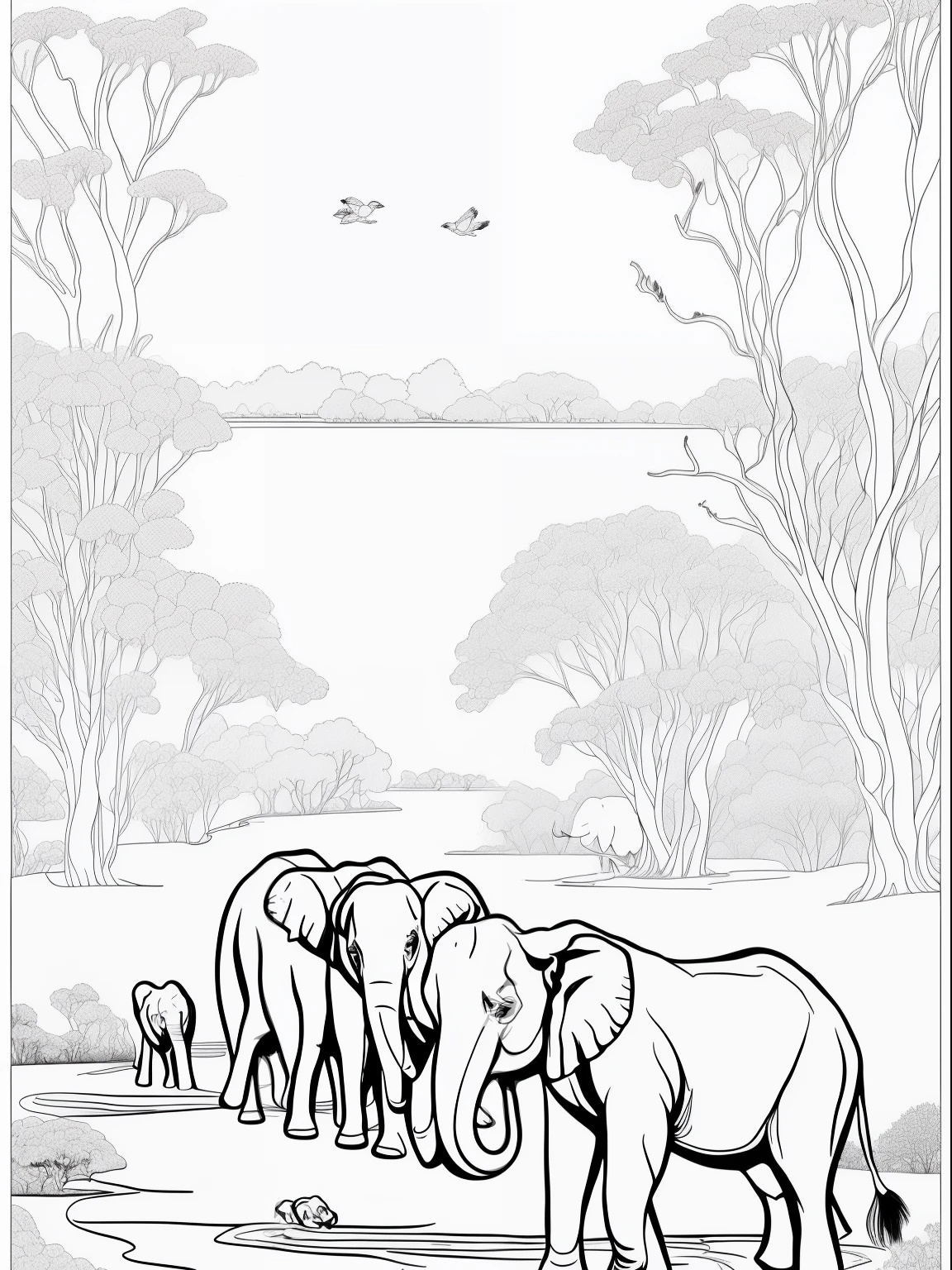 Coloring page of a herd of elephants drinking water