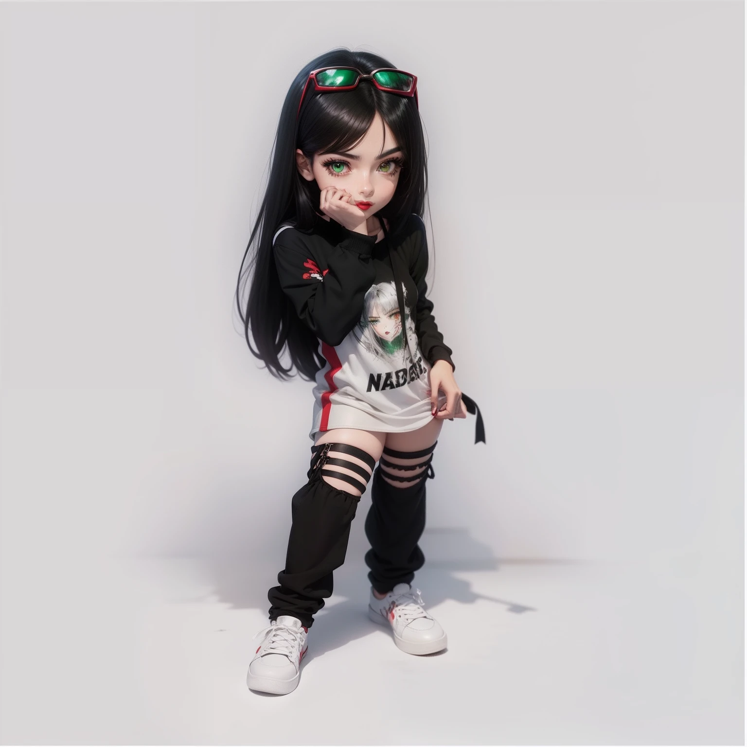 Realistic anime style, straight black hair, long green eyes, red lips, blusa preta, saia rosa, white sneakers, Nos arredores Meis