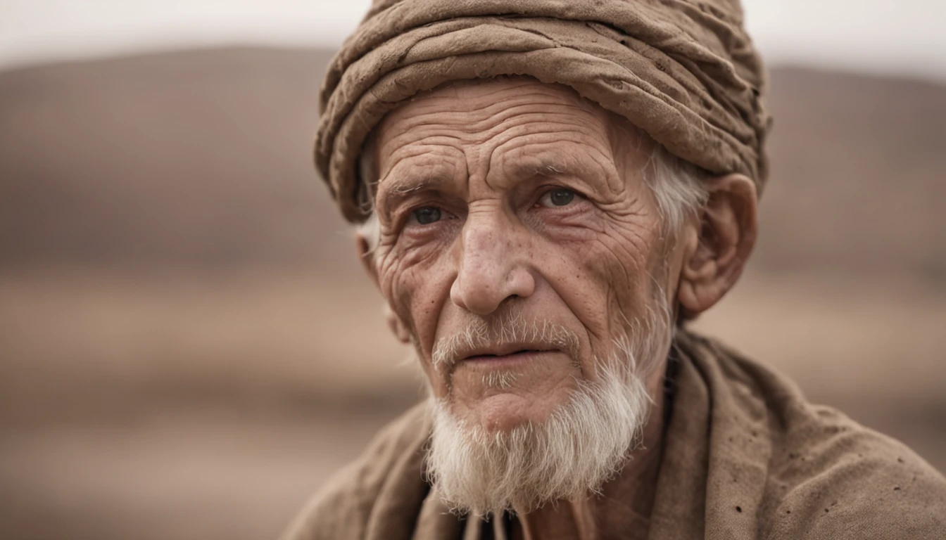 an old wise man, in a valley, the ground full of dry old bones, dark time, realistic image, 8k, ancient clothes from the time of abraham,