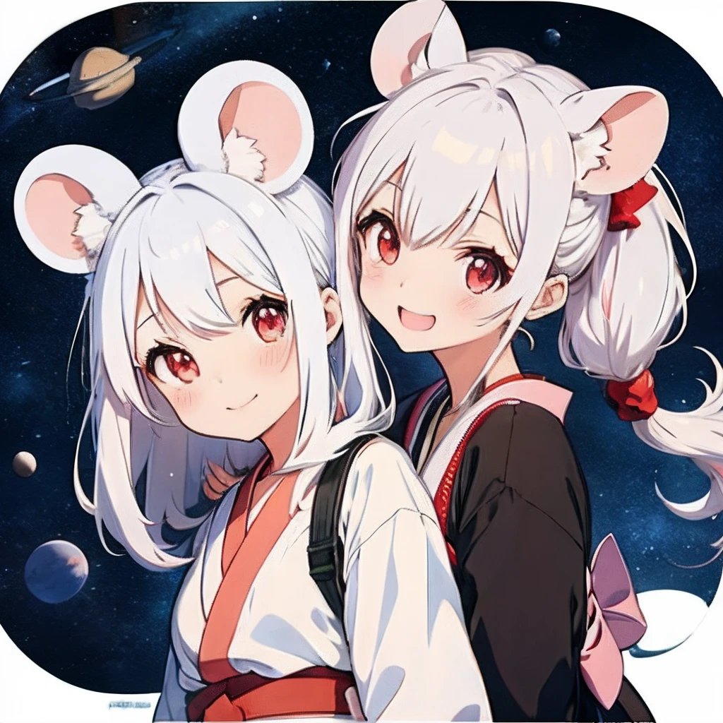 Anime girl with white hair, girl with１a person、（personification）、straight haired、（Twin-tailed）Twin-tailed、Red hair ornament、Anime girl with round ears of a mouse, Anime visuals of cute girls, （Wearing a red kimono）（large ears that are round and white,,,,,）、（I have a pet rat next to me）、portlate、（Outer space background）Outer space background、（A big smile）