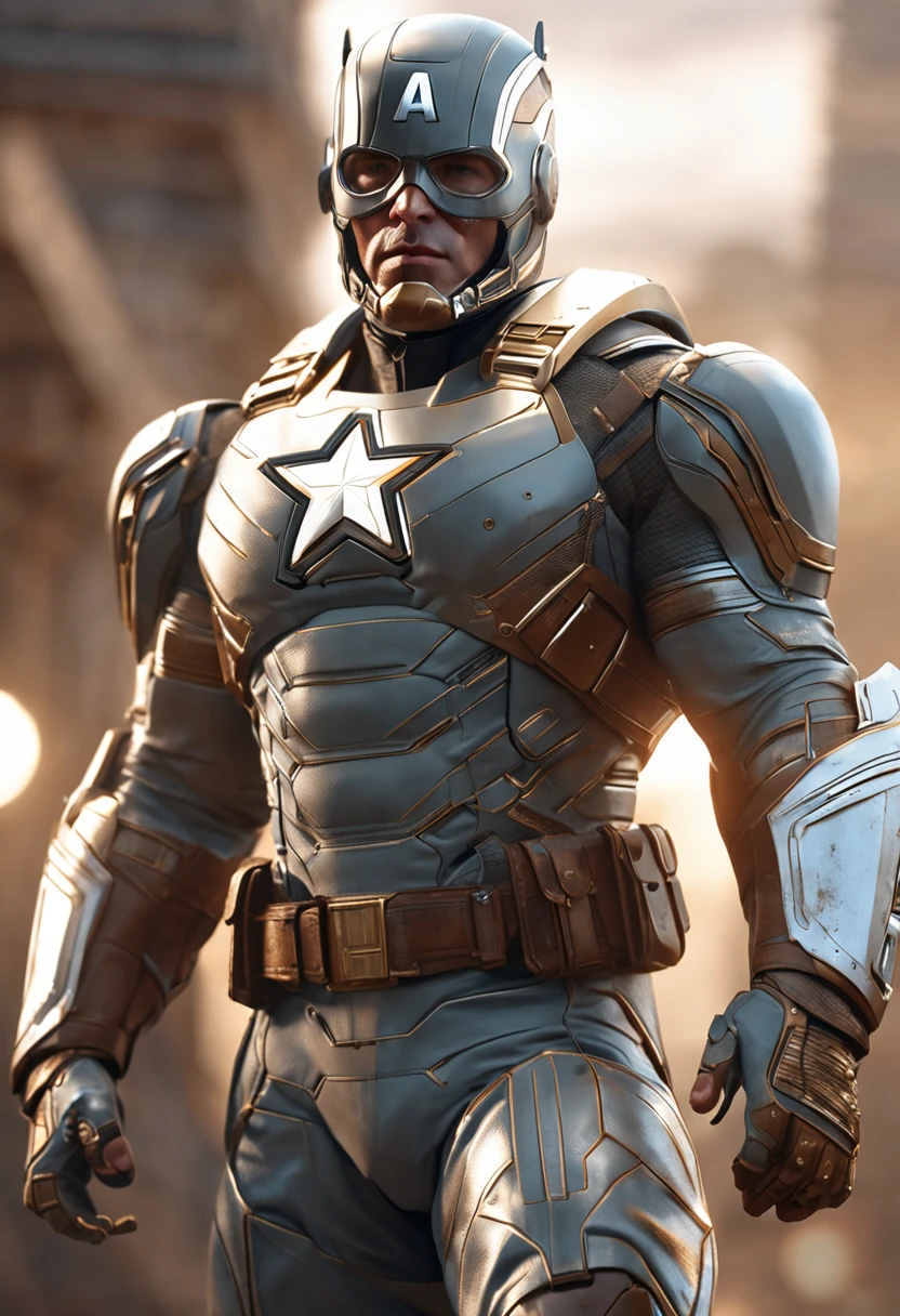 full body shot of captain america in white and gold armour style suit, no mask on, white cape, looking at center camera, perfect composition, beautiful detailed intricate insanely detailed octane render trending on artstation, 8 k artistic photography, photorealistic concept art, soft natural volumetric cinematic perfect light, chiaroscuro, award - winning photograph, masterpiece, oil on canvas, raphael, caravaggio, greg rutkowski, beeple, beksinski, giger, trending on artstation, sharp focus, studio photo, intricate details, highly detailed, night city background, by greg rutkowski