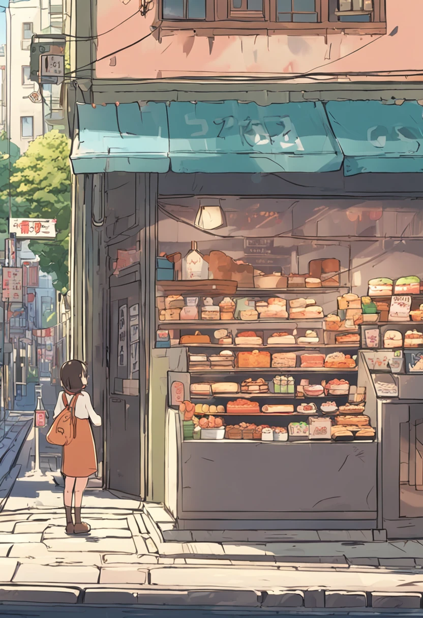 Anime - City street style scene, a woman waiting in front of a store, anime background art, detailed scenery - width 672, anime landscape concept art, anime style cityscape, Studio Ghibli anime style, Studio Ghibli art style, Studio Ghibli program, anime landscape, Studio Ghibli art style, Landscape artwork, Beautiful anime landscape, Forest city street, Ghibli art style, cake shop, cake shop, bakery cake shop, Makoto Shinkai style, Makoto Shinkai anime, Shinkai Makoto art style