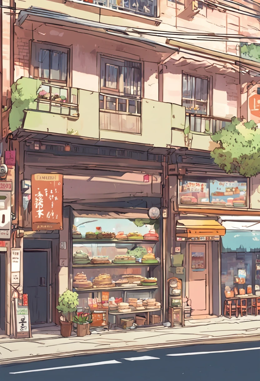 Anime - City street style scene, a woman waiting in front of a store, anime background art, detailed scenery - width 672, anime landscape concept art, anime style cityscape, Studio Ghibli anime style, Studio Ghibli art style, Studio Ghibli program, anime landscape, Studio Ghibli art style, Landscape artwork, Beautiful anime landscape, Forest city street, Ghibli art style, cake shop, cake shop, bakery cake shop, Makoto Shinkai style, Makoto Shinkai anime, Shinkai Makoto art style