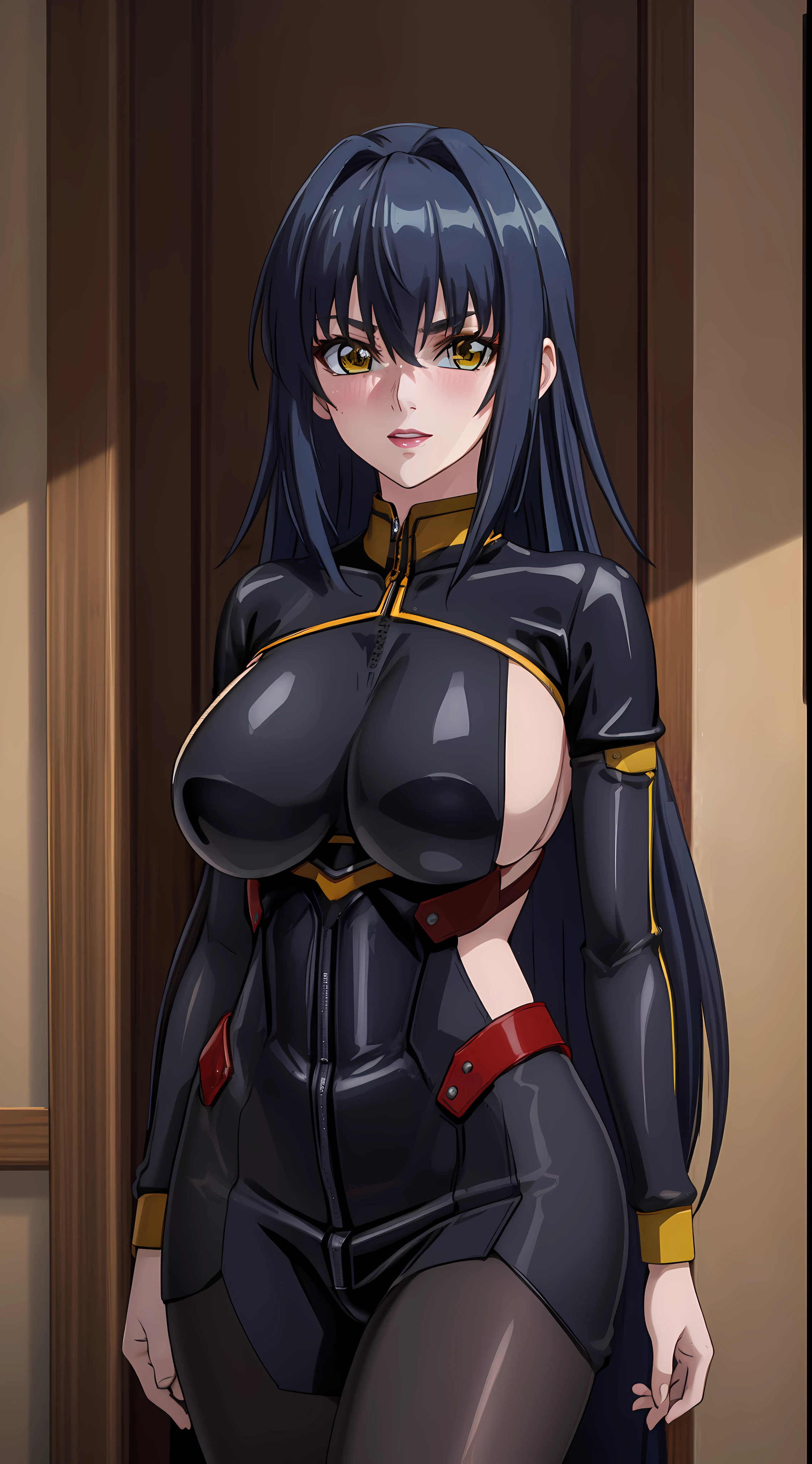 (cyberpunk town background), professional artwork, Intricate Details, sharp focus, detailed painting, photorealistic lighting, trending on pixiv, Standing at attention, ((black outfit ,yellow collared shirt,black and red bodysuit,skin_tight,black legwear, black pantyhose, Side_boob)), (((fully suited:1.5))) black hair,very long hair, Bangs,yellow eyes,makeup, lipstick, 40yo,mature female,Beautiful Finger,Beautiful long legs,Beautiful body,Beautiful Nose,Beautiful character design, perfect eyes detail, perfect face, looking at viewer,official art,extremely detailed CG unity, perfect lighting,Colorful, Bright_Front_face_Lighting, (masterpiece:1.0),(best_quality:1.0), ultra high res,ultra-detailed, photography, 8K, HDR, highres, absurdres:1.2, Kodak portra 400, film grain, blurry background, bokeh:1.2, lens flare, (vibrant_color:1.2) (Beautiful,large_Breasts:1.4), (beautiful_face:1.5),(narrow_waist), (solo:1.4), ((cowboy shot:1.4)), annerose:1, (blushing, shy, pretty, kuudere:1),