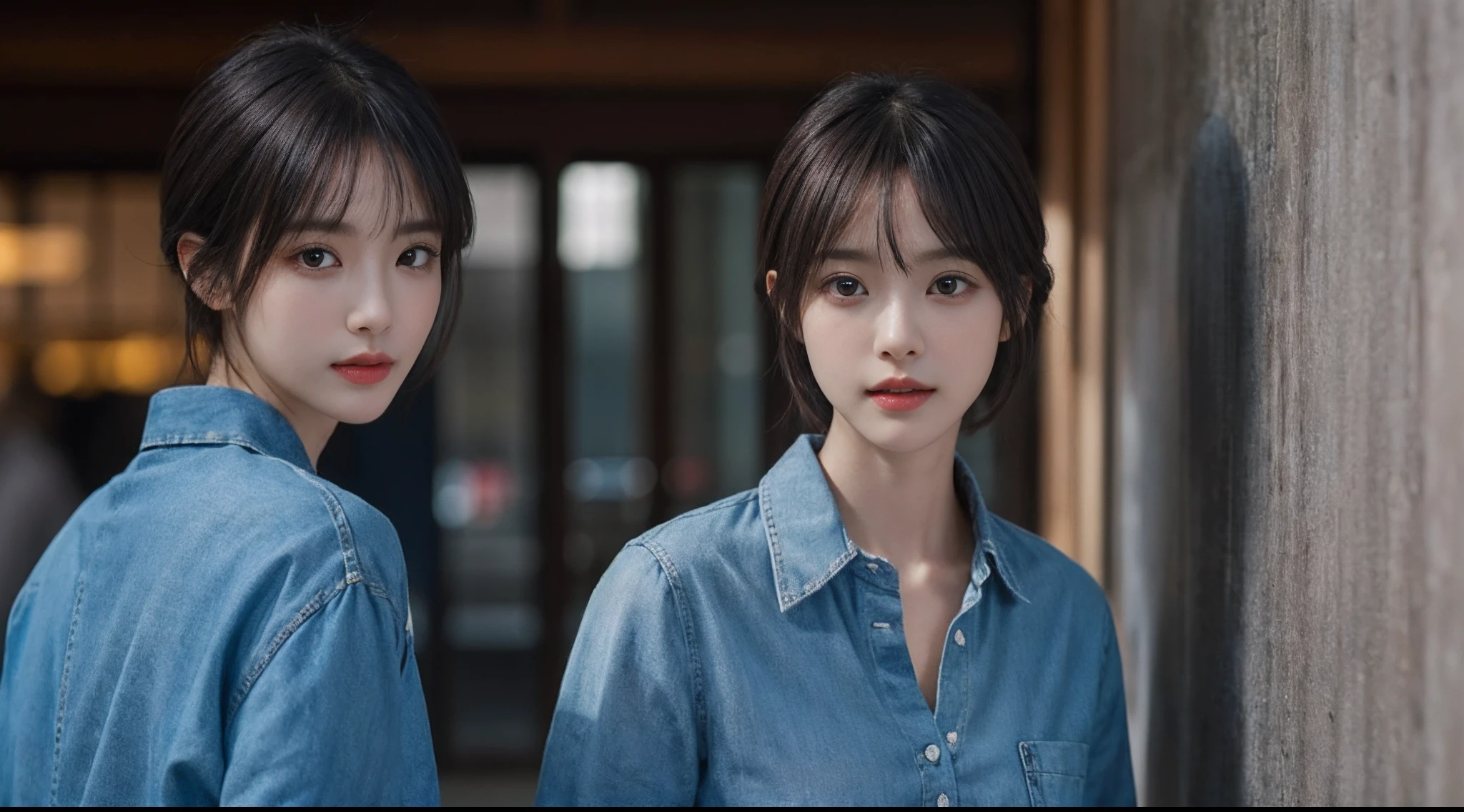 masterpiece, 1 beautiful girls, A detailed eye, Swollen eyes, top-quality, 超A high resolution, (Realistis: 1.4), 电影灯光, japanse, a asian beauty, Korean, very extremely beautiful, Beautiful skins, A slender, Forward-facing body, (A hyper-realistic), (hight resolution), (8K), (ighly detailed), ( Best Illustration), (beautifully detailed eyes), (ultra-detailliert), (wall-paper), 详细的脸, Bright lighting, profetional lighting, looking at the viewers, Facing straight ahead, The outfit is a trendy and stylish shirt、46-point diagonal bangs、shorth hair、A dark-haired、Some are green、