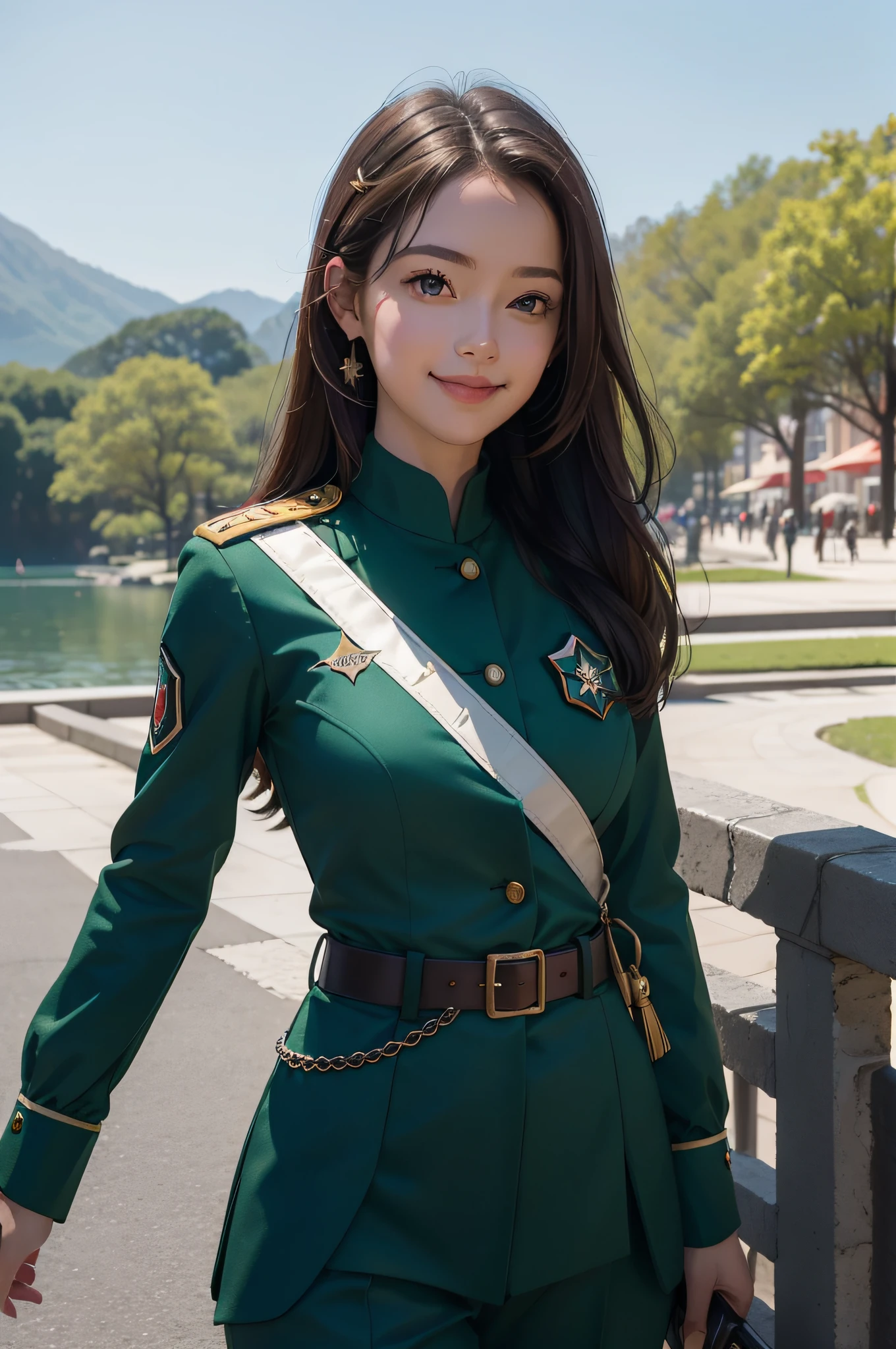 A beautiful girl,Sweet smile,(Smooth face details:1.6),(Red epaulettes:1.6),(Fighting posture:1.3),Wearing a green military uniform,fresh flowers,lakes,parks,A high resolution,SLR camera