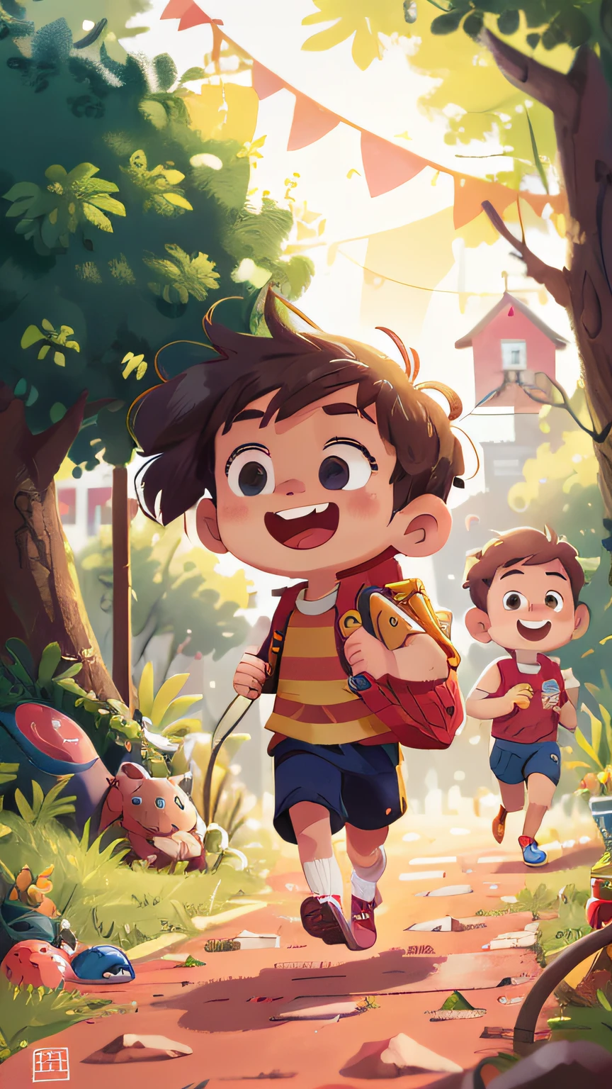 A boy running in front of him with a school bag,playground,cheerfulness,Rejoice,Perfect quality,Clear focus(Clutter - home:0.8), (tmasterpiece:1.2) (realisticlying:1.2) (Bokeh) (best qualtiy) (detailedskin:1.3) (complexdetails) (8K) (detailedeyes) (Sharp focus),(having fun),ultra-low perspective,Wide angle lens --v