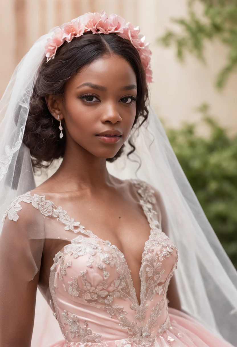(Full body photograph of 1 black girl in wedding dress with large transparent veil and pink color dress + suave e delicado + cabelos loiros)+(Vestido longo em cores brilhantes, Luz brilhante, Cabelo loiro longo e liso + Olhos brilhantes e acolhedores)+(pink petals + Brisa suave + with blue sky and white clouds + Bosques verdes e floridos)