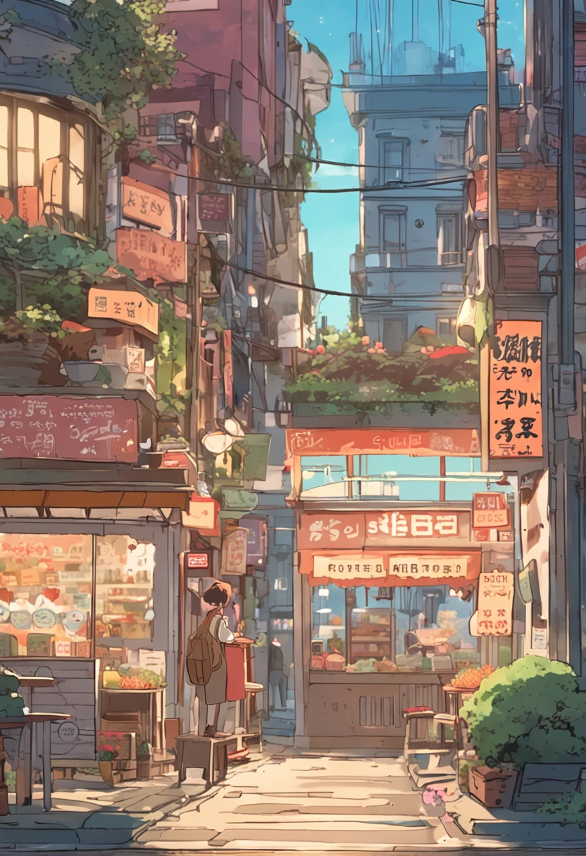 Anime - City street style scene, a woman waiting in front of a store, anime background art, detailed scenery - width 672, anime landscape concept art, anime style cityscape, Studio Ghibli anime style, Studio Ghibli art style, Studio Ghibli program, anime landscape, Studio Ghibli art style, Landscape artwork, Beautiful anime landscape, Forest city street, Ghibli art style, cake shop, cake shop, bakery cake shop, Makoto Shinkai style, Makoto Shinkai anime, Shinkai Makoto art style